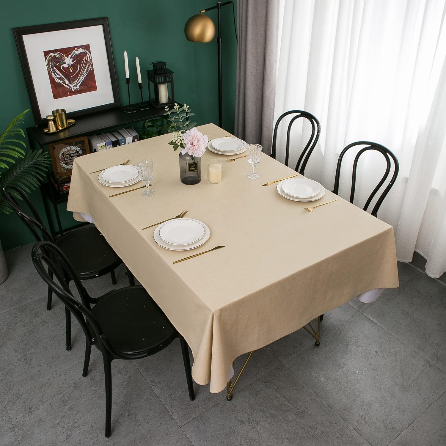 Pioggia Vinyl Tablecloth with Flannel Backing Rectangle Waterproof Oil-Proof Plastic Table Cloth Wipeable PVC Table Cover for Indoor and Outdoor (Beige, 60 x 120 Inch)