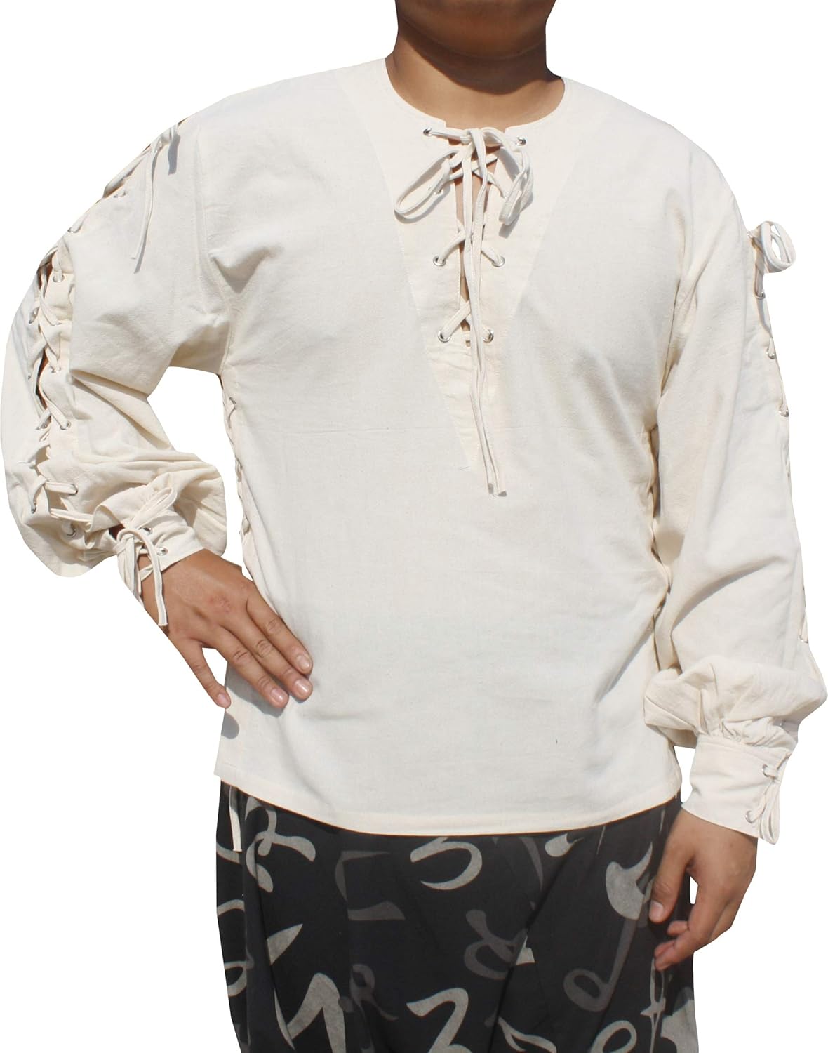 Handmade Cotton Renaissance Pirate Shirt Long Tied Up Medieval Sleeves