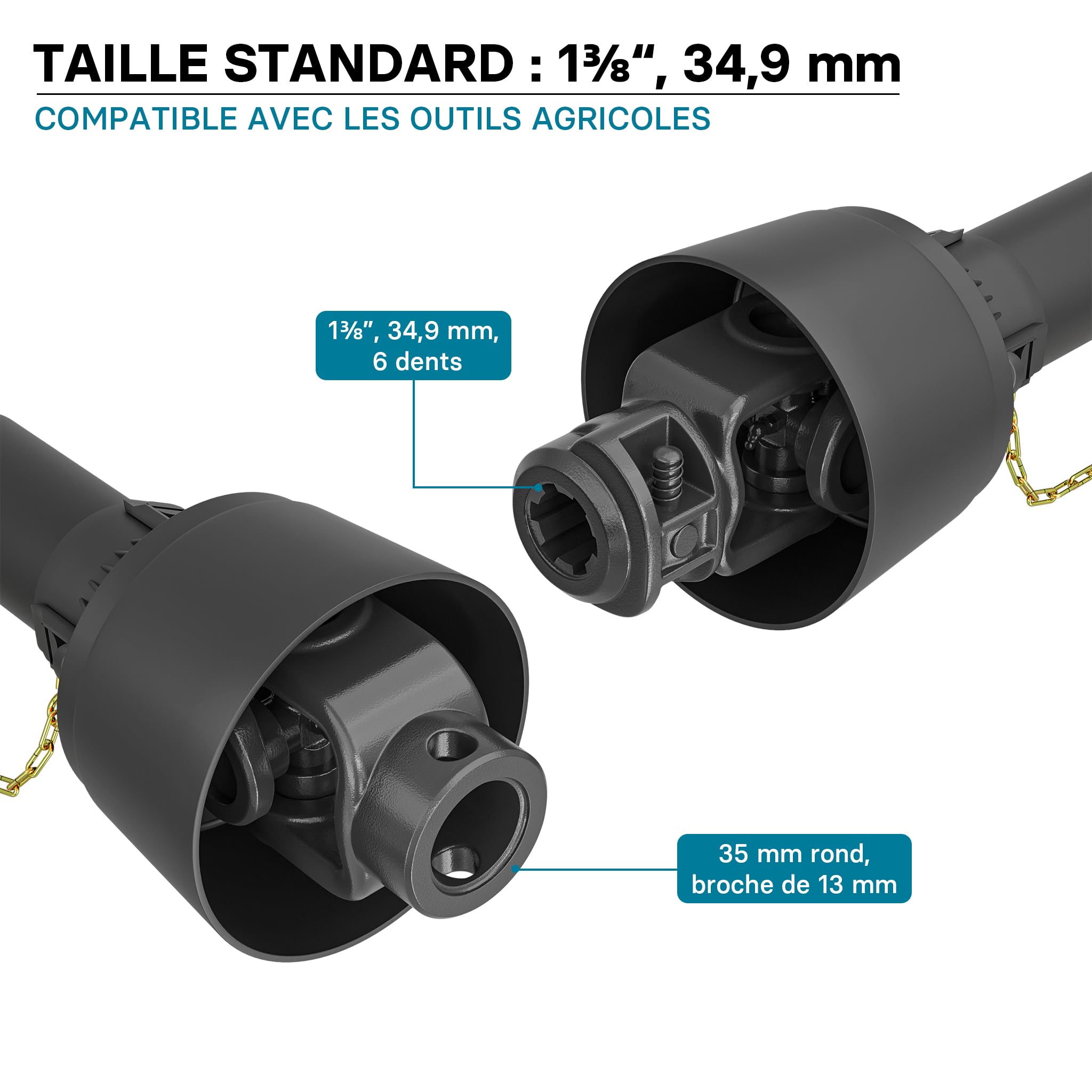 WilTec Arbre Transmission T4 cardan - Longueur 1000-1100 mm / 1 3/8" 6 Dents & 35 mm Rond, Broche 13 mm / 460 Nm / 540 TR/Min / 40 KW (55 CV) - Prise de Force agricole