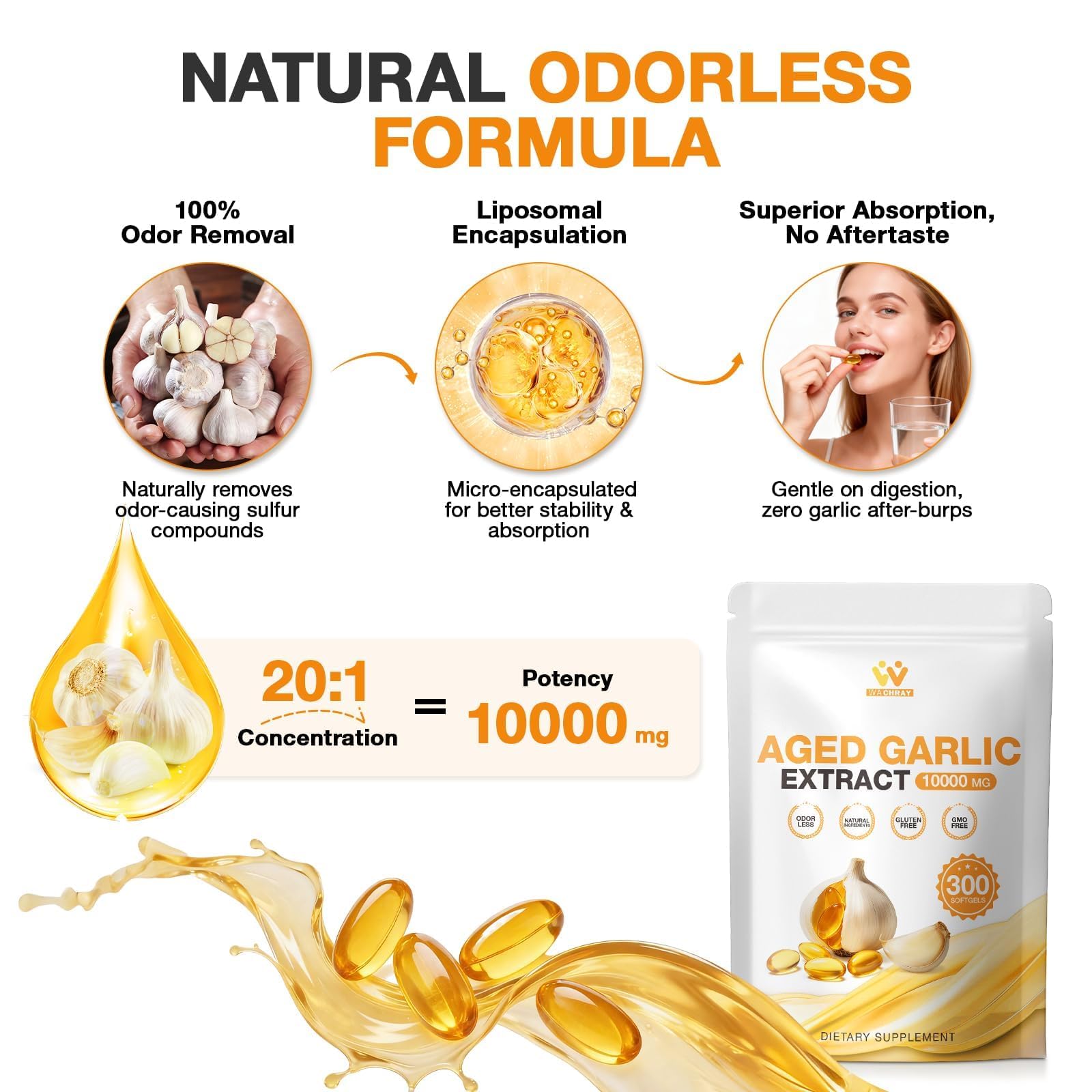 Aged Garlic Extract Supplement, 10000mg 20:1 Odorless Garlic Softgels, High Potency Garlic Extract for Daily Heart & Immune Support, Non-GMO, Gluten-Free, Vegan 300 Count — Amazon image 3