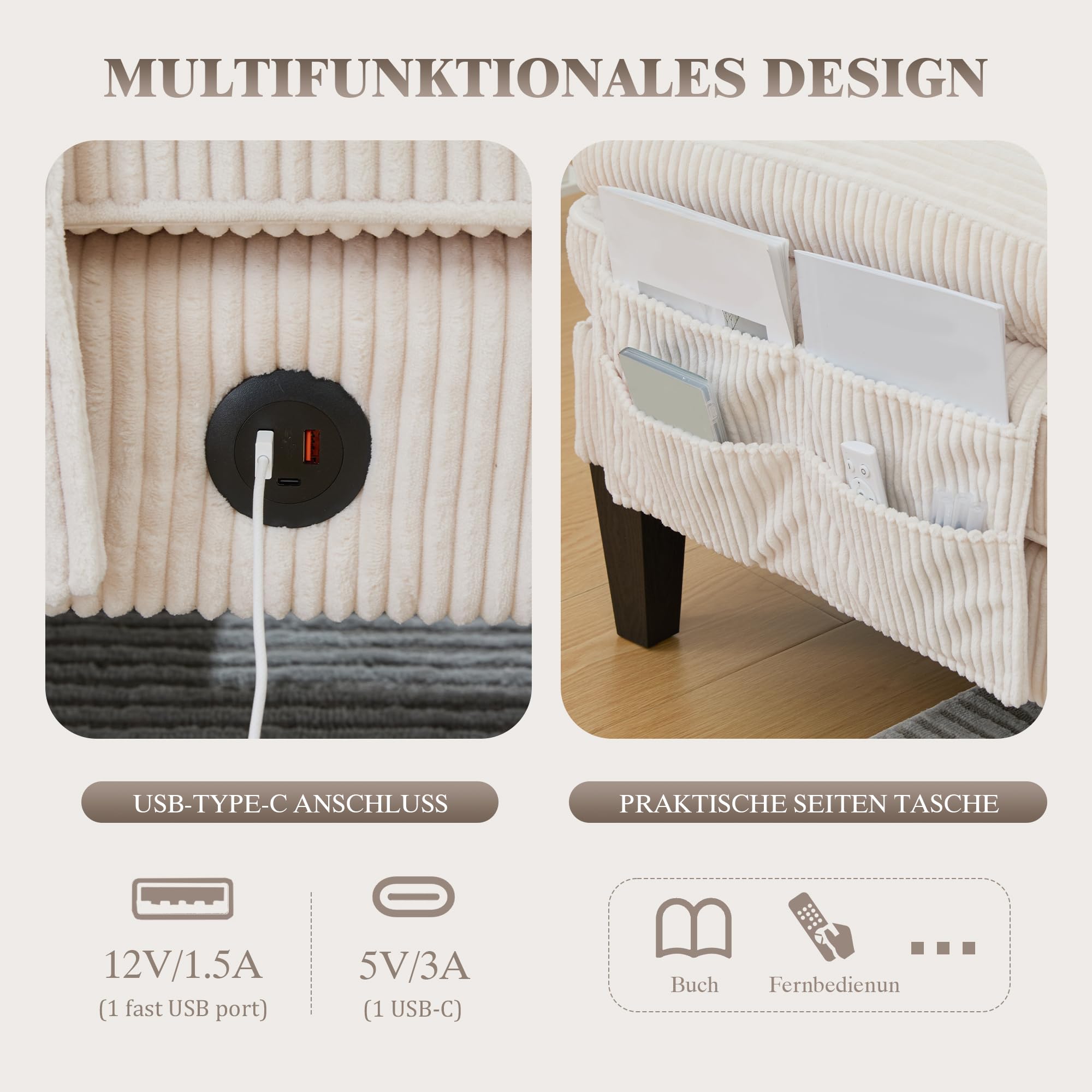 Canapé d'angle Convertible, Canapé 4 Places avec Méridiennes, Porte-Gobelets, Poches Latérales, Ports USB et Type-C, Tissu en Coton Lin, Canape en U pour Salon, Appartement