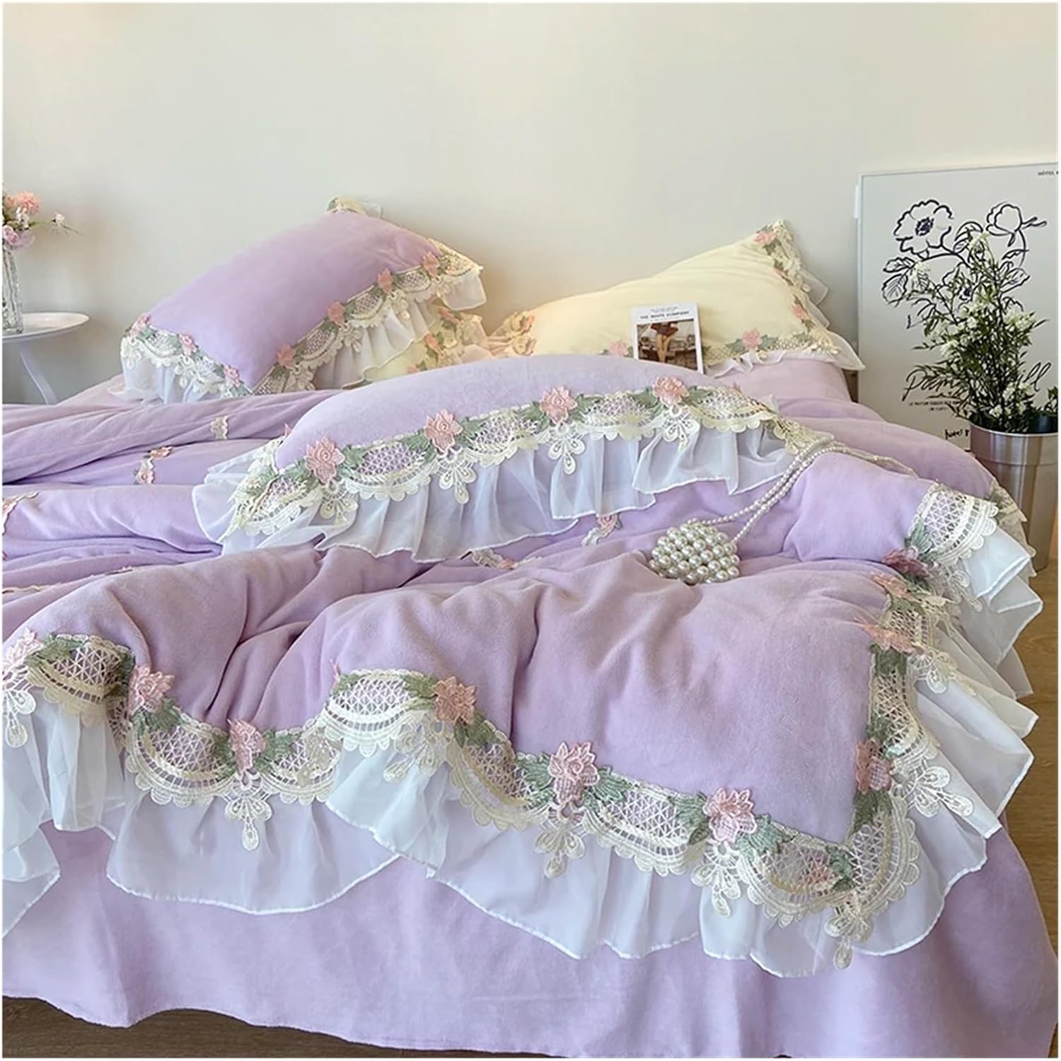 Romantic French Princess Weddding Bedding Set Fluffy Velvet Fleece Flowers Lace Ruffles Duvet Cover Set Bed Sheet Pillowcases Bed Four Pieces Set(E,Fitted Bed Sheet-Queen 4PCS)