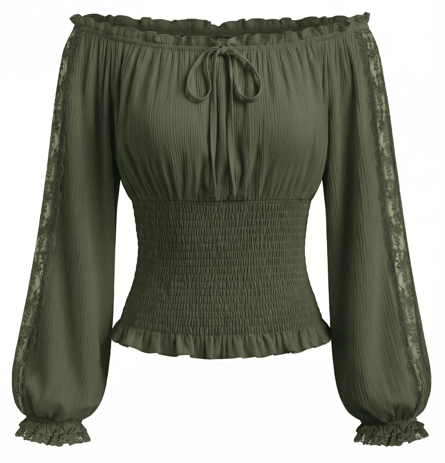 SCARLET DARKNESS Renaissance Lantern Sleeve Bardot Trim Lace Smocked Blouse