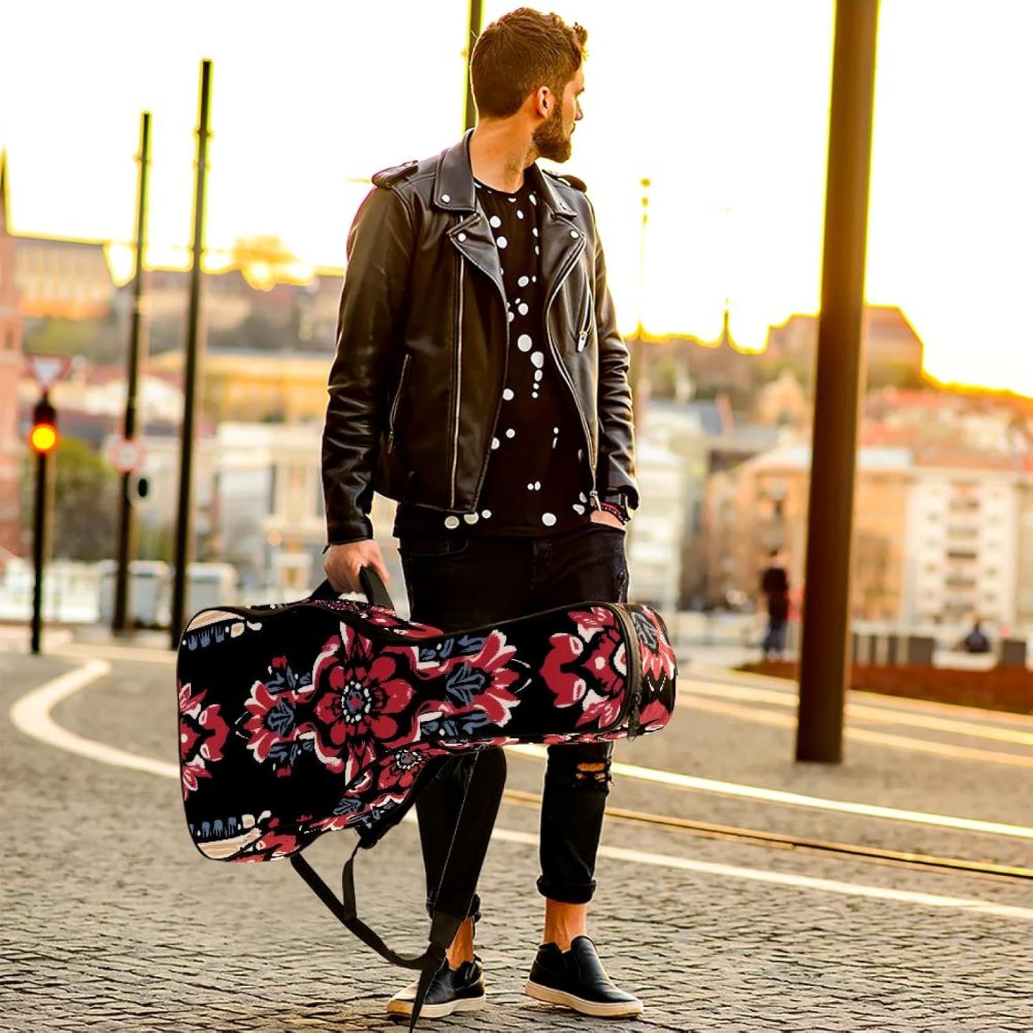 40 41 42 Inch Acoustic Guitar Bag, 0.4 In Thick Sponge Padded Guitar Case Gig Bag with Back Hanger Loop and 2 Pockets, Art African Boho Paisley Floral Pattern