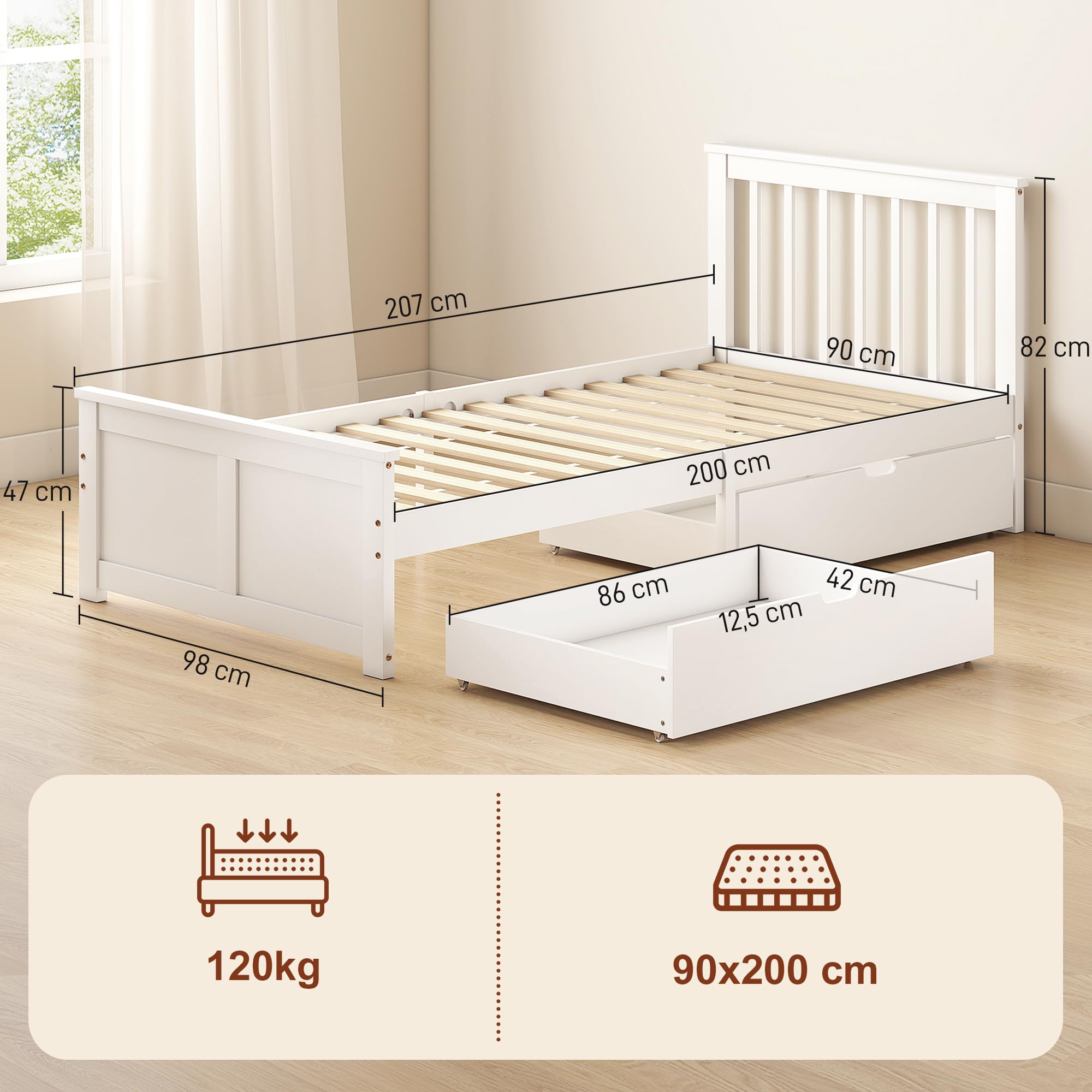 HOMCOM Bett 90 x 200 cm Bettrahmen mit Lattenrost, Schublade, Weiß