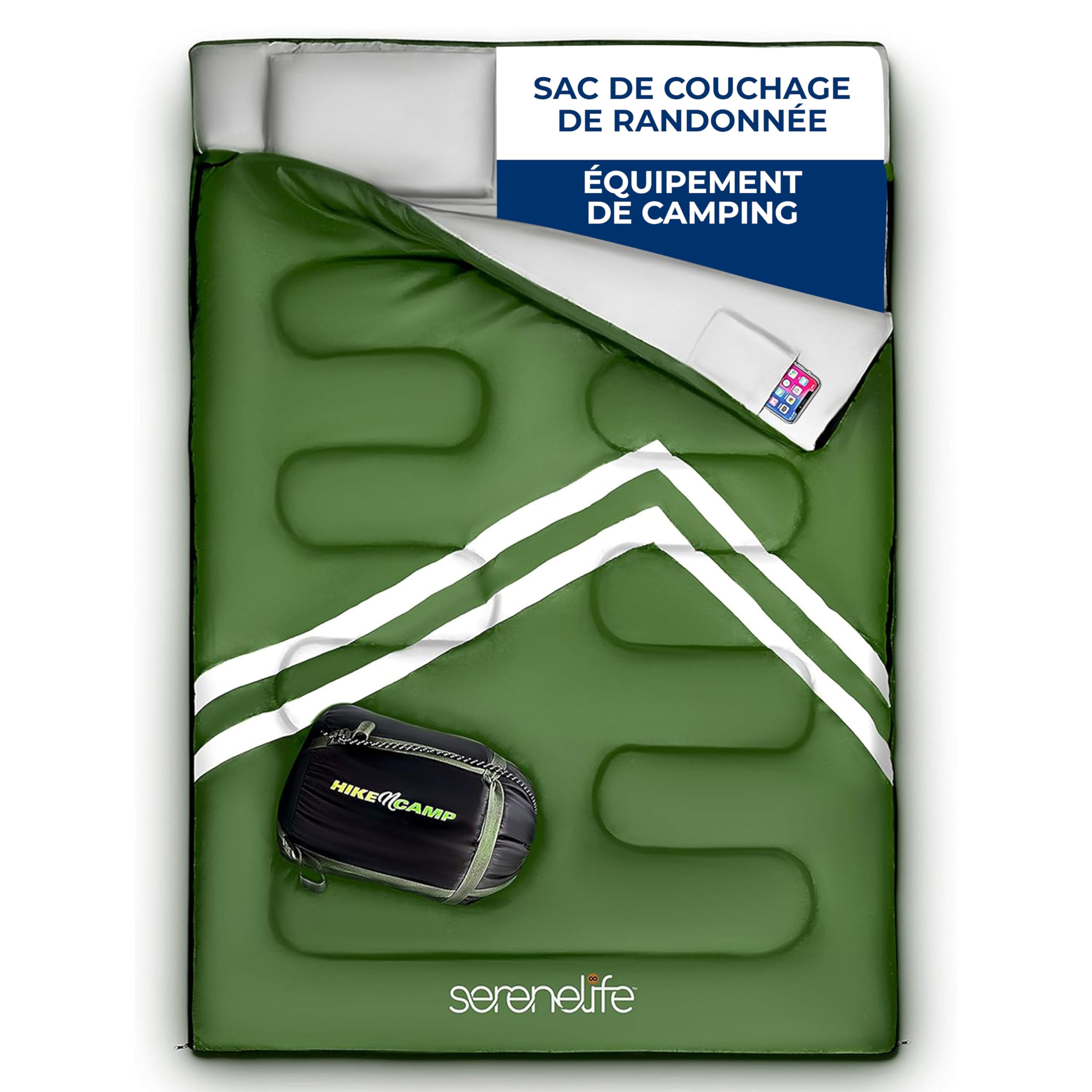 SereneLife Sac de Couchage Double avec Oreillers – Imperméable et Séparable en 2 Sacs Simples – Léger et Chaud – Camping, Randonnée, Trekking, Backpacking et Temps Froid – Température -15 à -12°C