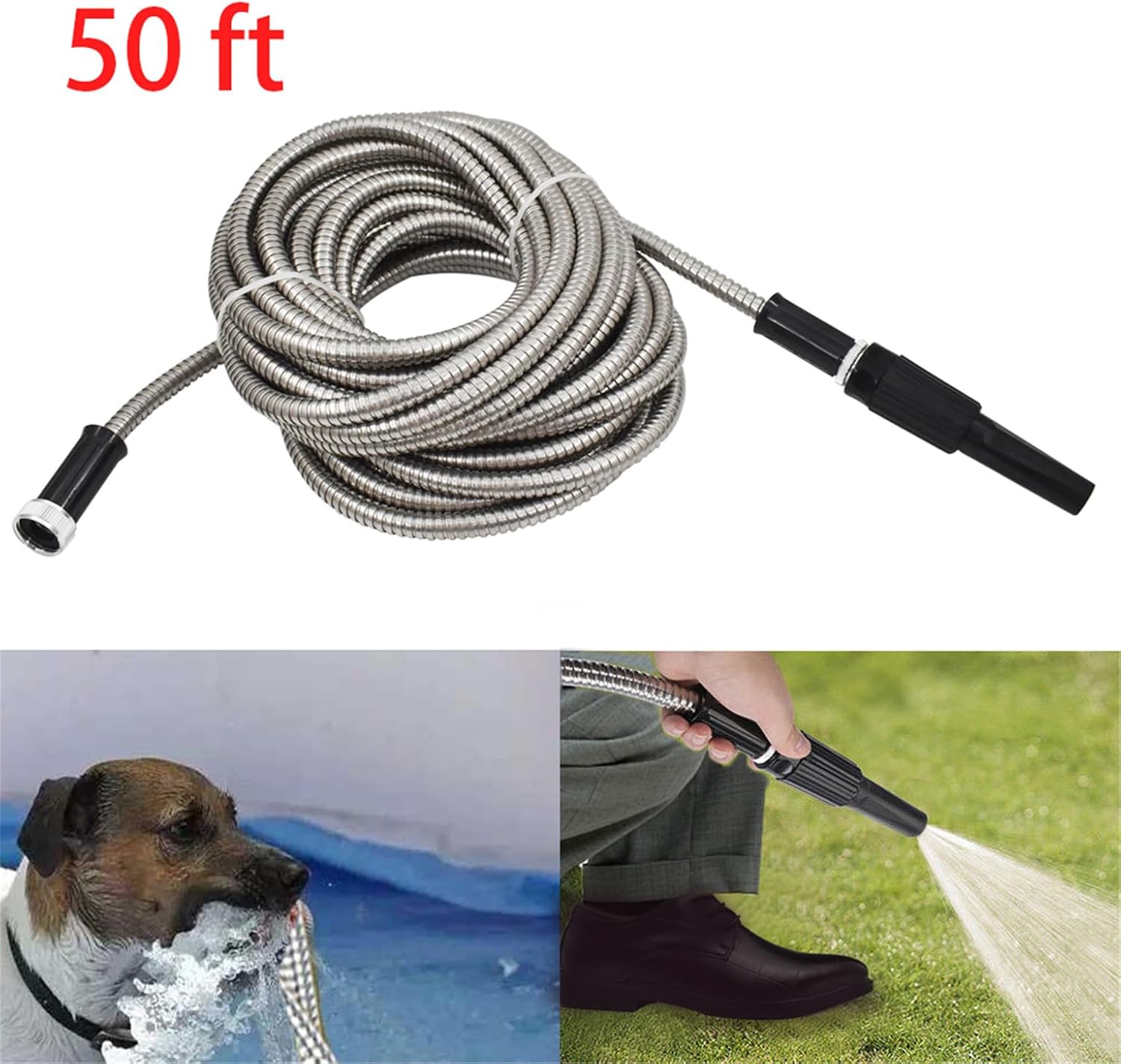 50ft 304 Stainless Steel Garden Hose Water Hose with Adjustable Nozzle Outdoor Heavy Duty Flexible Lightweight,No Kink