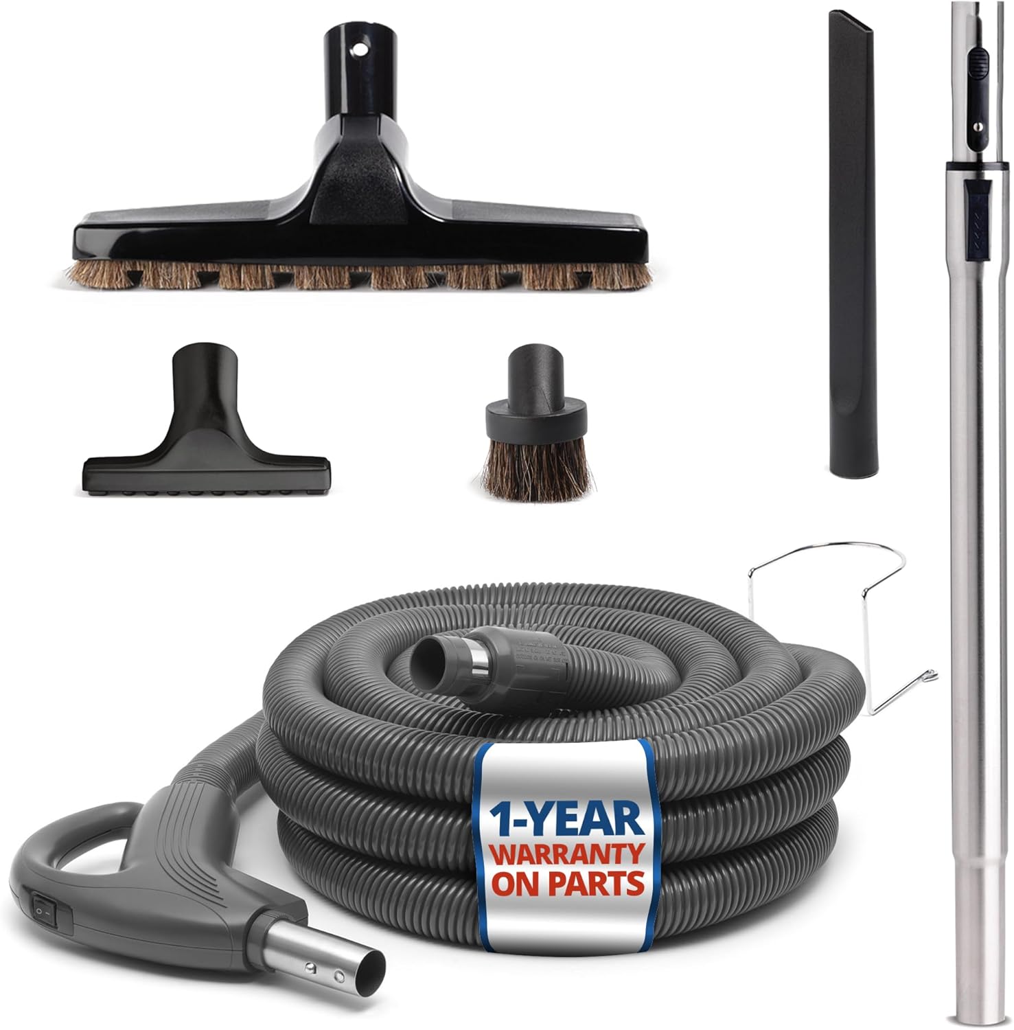 Drainvac Central Vacuum System Kit – Standard Central Vacuum Set with 30-ft Hose, Adjustable Telescopic Wand, Floor Brush, Dusting, Upholstery & Crevice Tools – Fits Most Systems