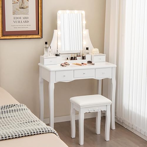 Miniatura 9 de CHARMAID Mesa de tocador de maquillaje con espejo iluminado, escritorio de tocador con 10 luces LED, brillo ajustable, 5 cajones y organizador de
