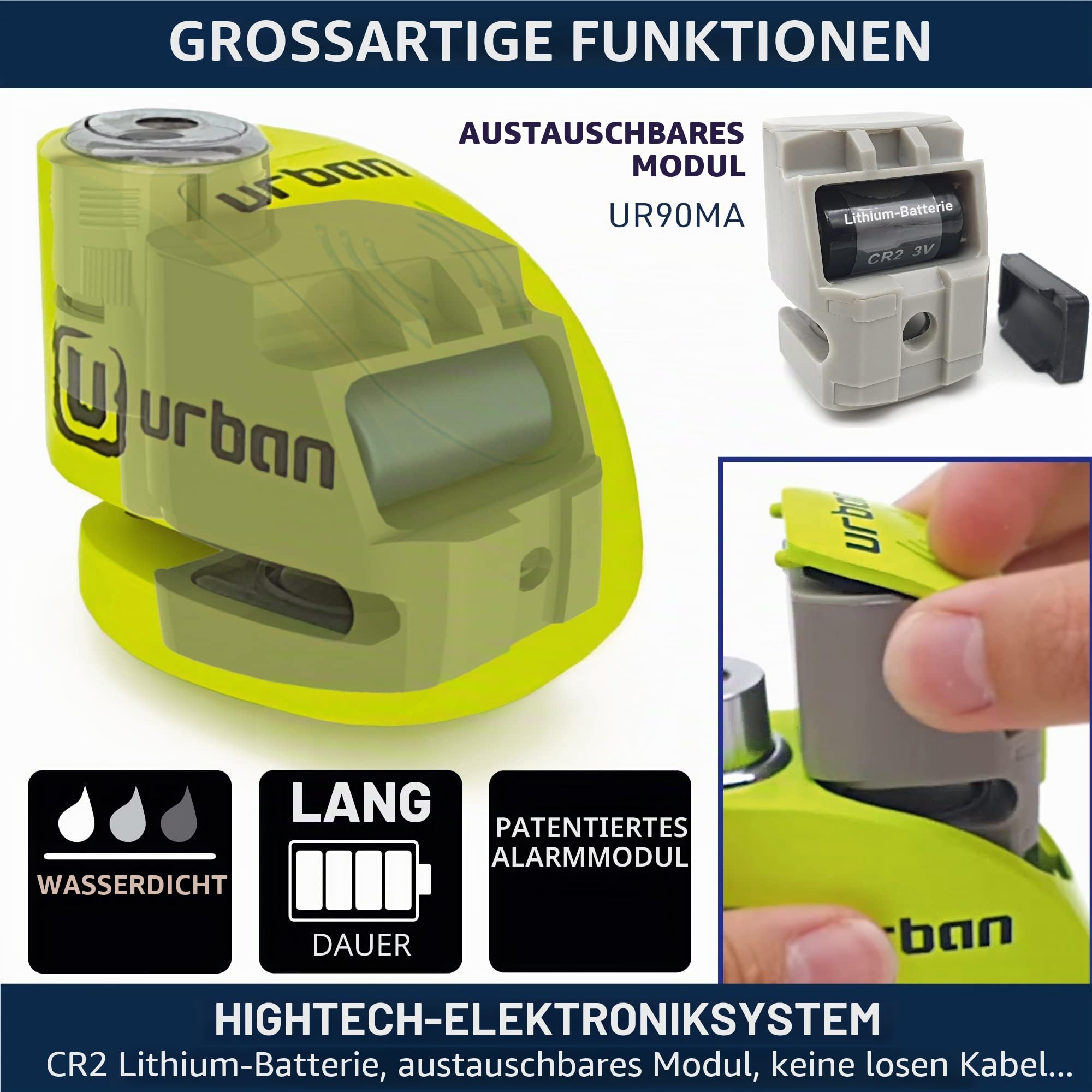 URBAN UR906X Bremsscheibenschloss Alarm 120dB ON/OFF Optionale Aktivierung, Austauschbares Modul, Langlebige Batterie, Erinnerungskabel, Sehr Sichtbar, Universal Diebstahlsicherung Motorrad Roller