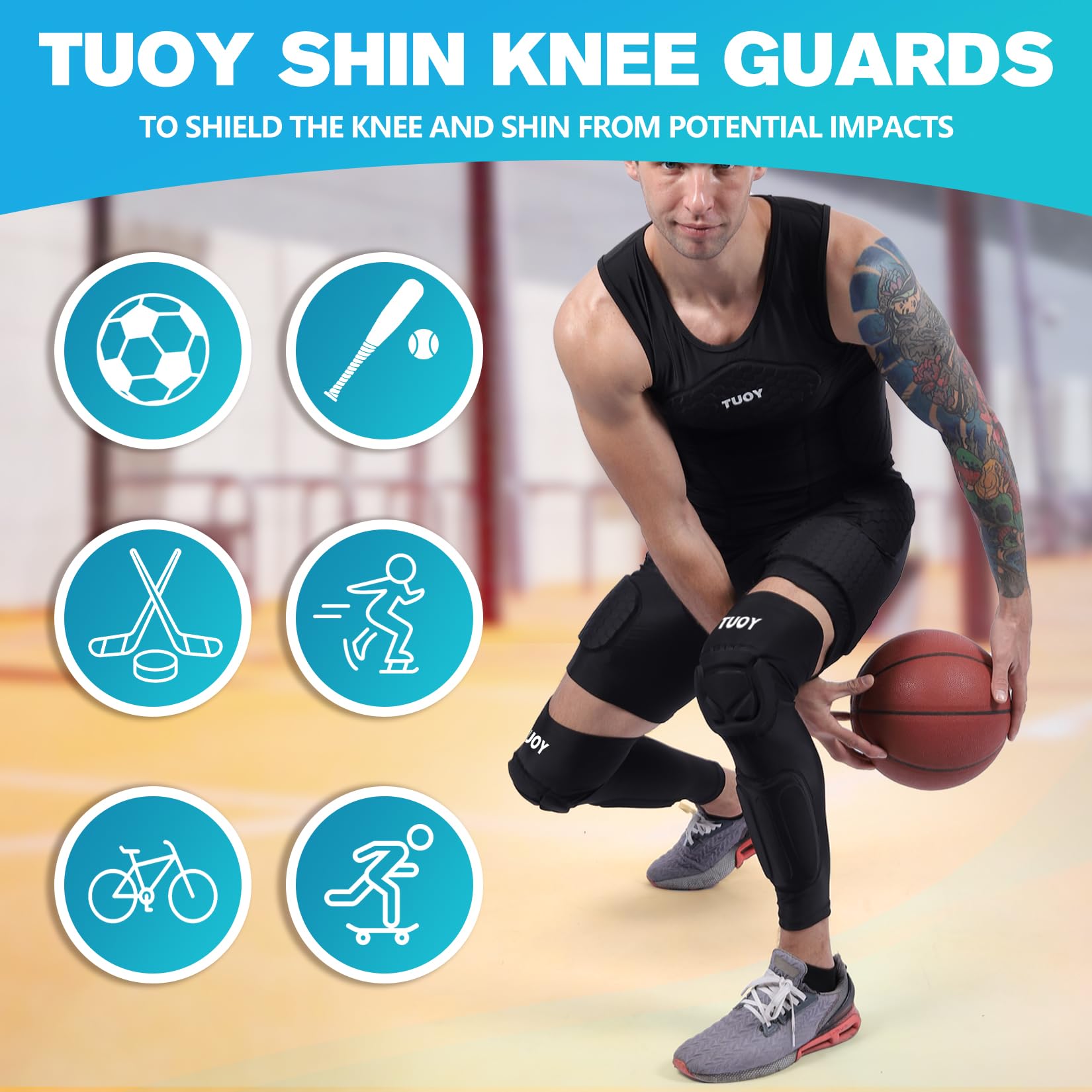 TUOY Ginocchiere con parastinchi protettivi, supporto per calcio, basket, pallavolo, pallavolo