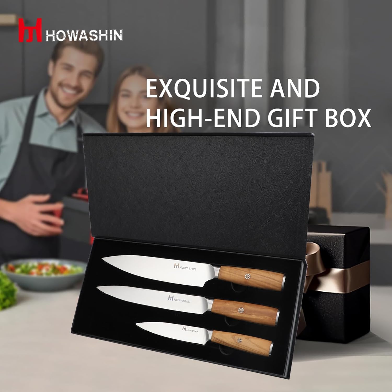 Kitchen Knife Set, 3-Piece Chef Knife Set, Ultra Sharp Japanese Knives Set with Ergonomic Olive Wood Handle, High Carbon Stainless Steel Professional Kitchen Knives, Gift Box for Home or Restaurant - Image 5