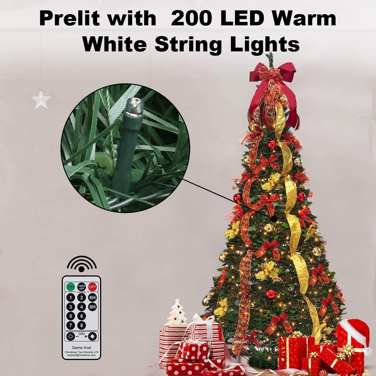 GameXcel Pop Up Christmas Tree with Light & Remote, 6FT Pull Up Artificial Christmas Trees Collapsible Prelit Decorated with Christmas Ball Ornaments Bows Ribbon Decorations Xmas Holiday Home Decor
