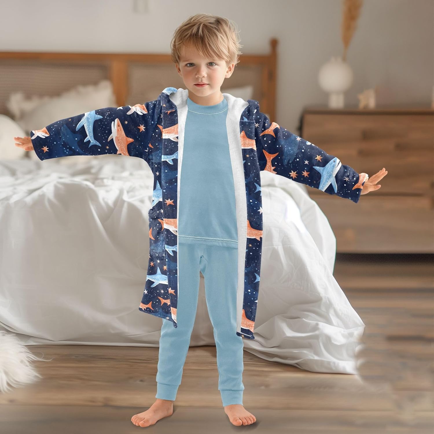 senya Sea Fish Toddler Hooded Bathrobe Kids Soft Plush Bath Towel Robes for Boys Girls 2-12 Years
