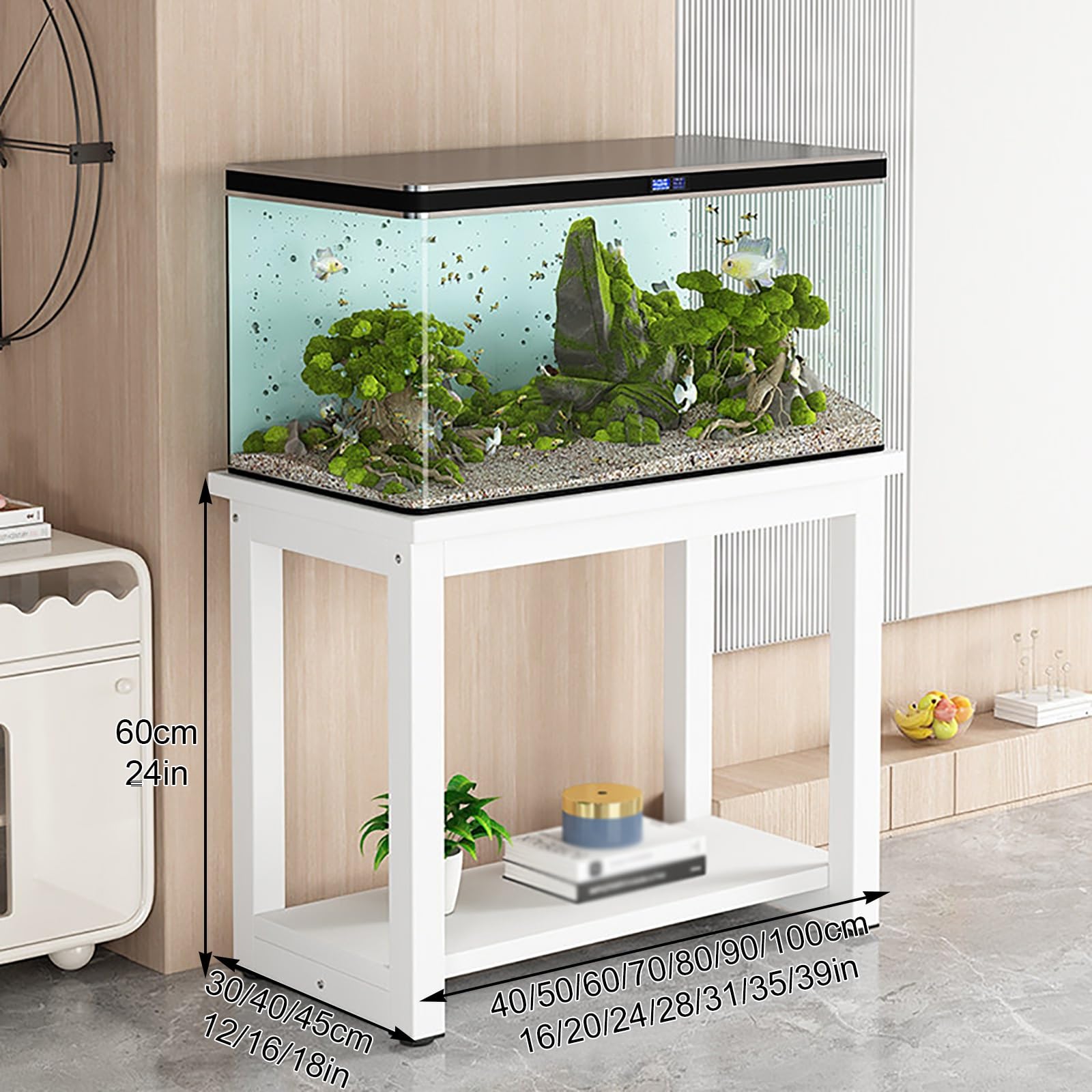 Armadietto Acquario, Acquario con Mobile | Struttura Robusta in Metallo E Legno, Scaffalatura Aperta a 3 Ripiani, Portata di 400 kg(White B,50x30x60cm/20x12x24in)