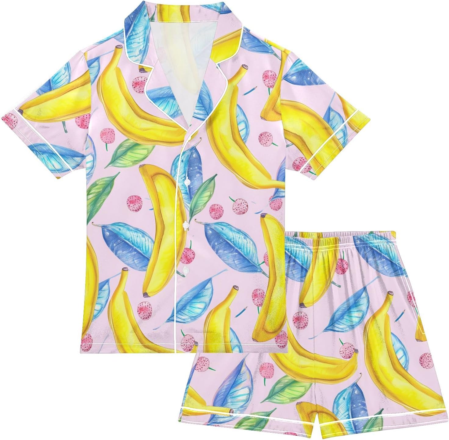Kids Casual Satin Wear Set Hand-painted Art Banana Leaf Pattern Unisex Short Sleeve Clothing for Relaxing
