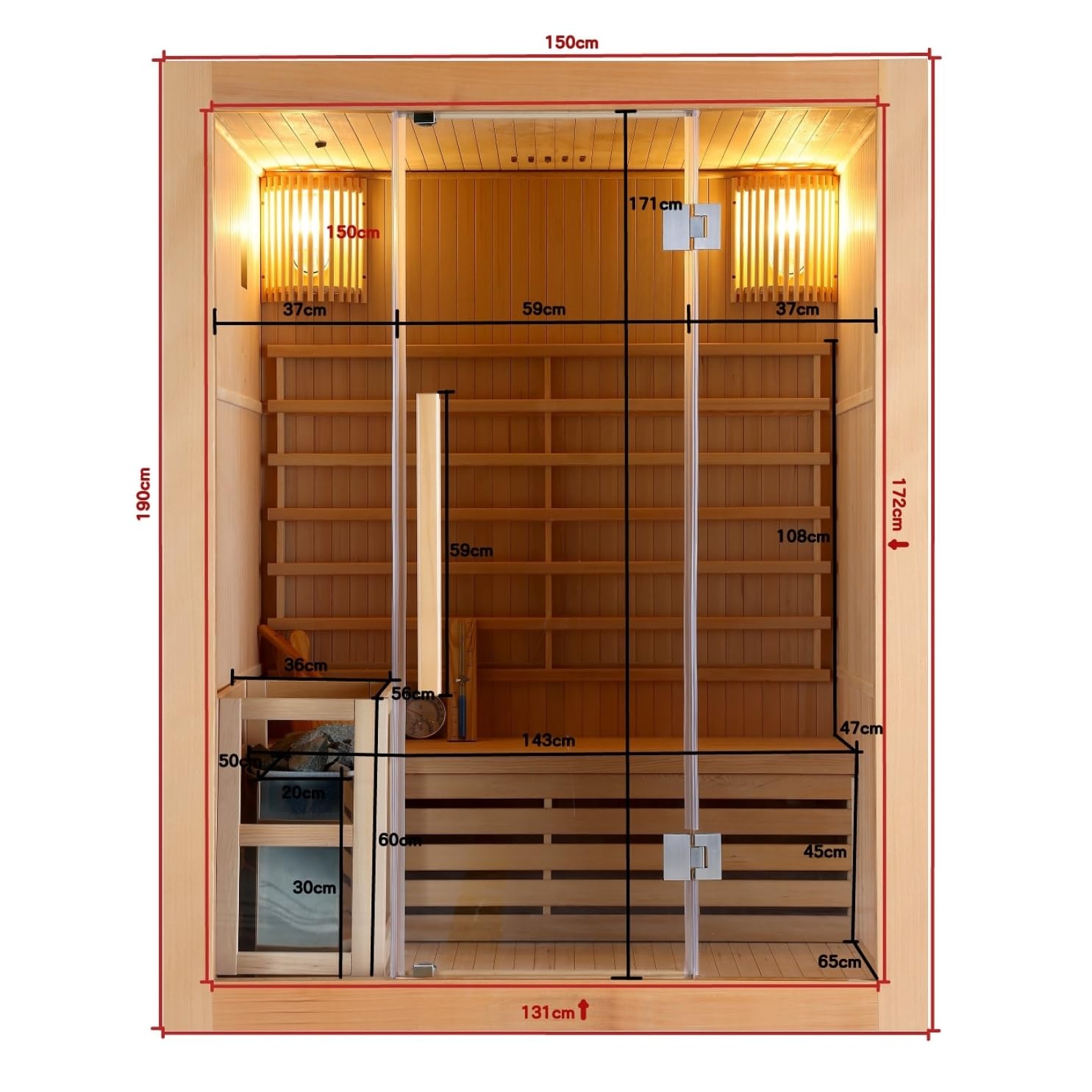Riga Sauna finlandais pour 3 personnes avec pierres de sauna, verre de sécurité, seau avec créateur, thermomètre et sablier, dimensions : 150 x 120 x 190 cm