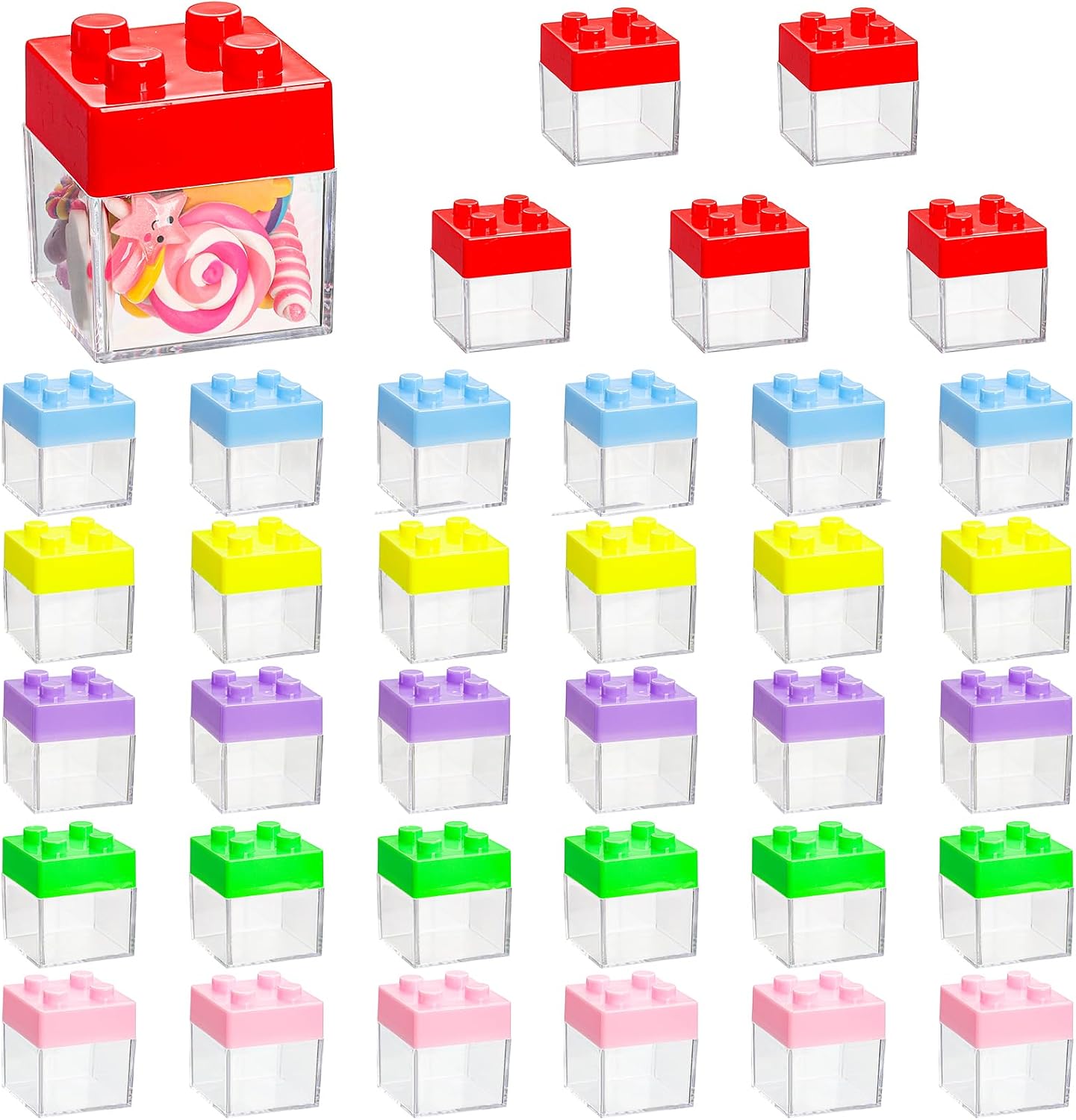 Okllen 36 Pack Colorful Lid Favor Boxes, Clear Plastic Gift Boxes, Wedding Candy Container, Birthday Party Souvenir, Adult Celebration Treat Boxes, 2x2x2 Inches