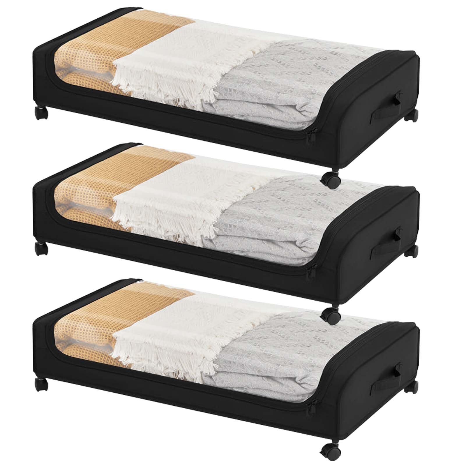 3 Pezzi Contenitore Sottoletto Con Ruote, Contenitori Sottoletto Con Quattro Rotelle Girevoli A 360° Organizer Sotto Letto Contenitore Vestiti Telaio In Metallo Per Asciugamani, Vestiti (Nero)