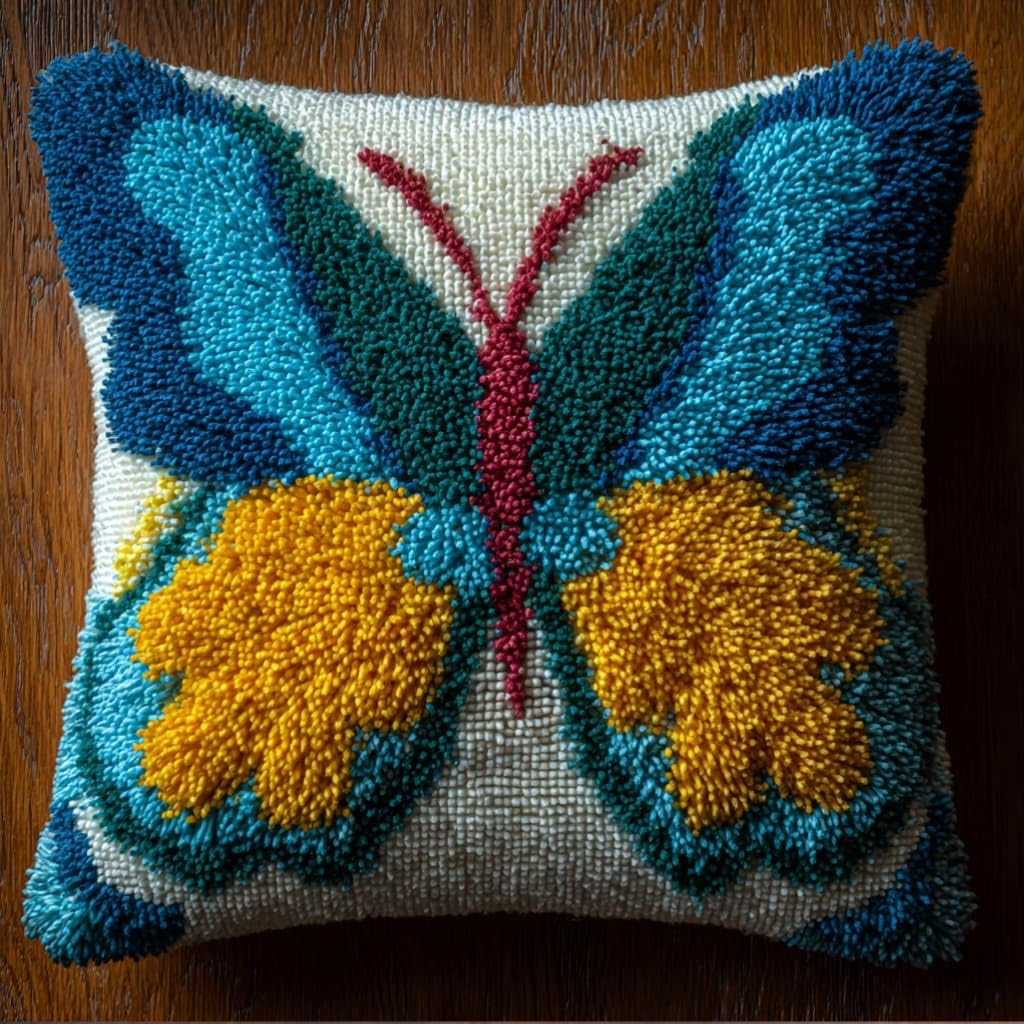 AxiangziK Latch Hook Pillow Kit for Adults,Butterfly 43X43Cm Handmade Embroidery Kits,Cross Stitch Sofa Cushion Cover with Crochet Yarn for Beginners and Home Decor
