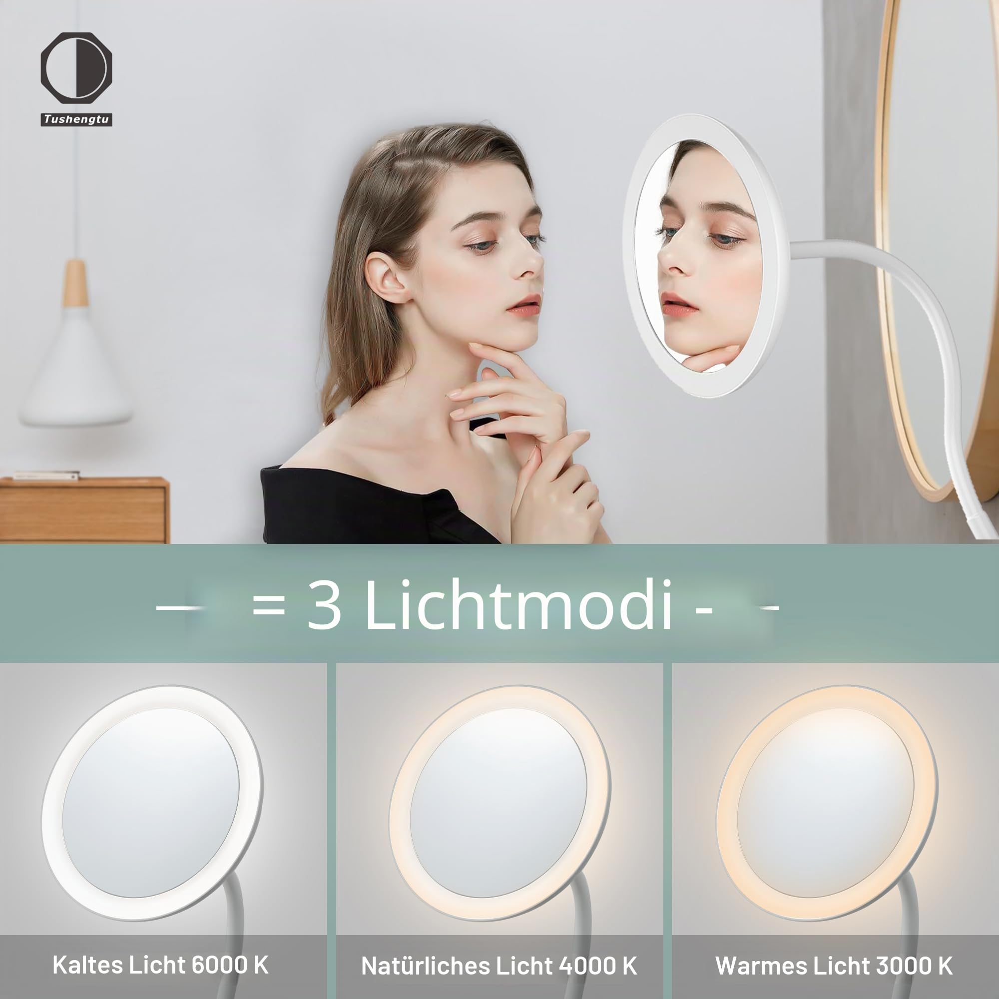 6.5" kosmetikspiegel mit Beleuchtung mit Schwanenhals, Flexibler Vergrößerungsspiegel mit LED Licht, USB wiederaufladbar Tisch rasierspiegel dusche, reisespiegel,Weiß(T03 10X)
