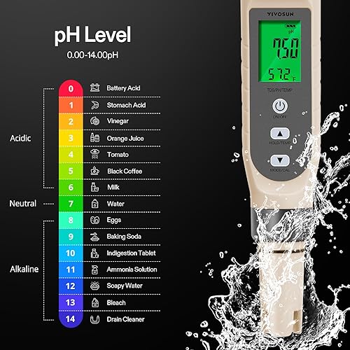Vista 2 de VIVOSUN Medidor de pH digital 3 en 1 con ATC, ± 0.1 pH de precisión de calidad del agua, rango de medición de pH 0-14.0 para hidroponía, bebida