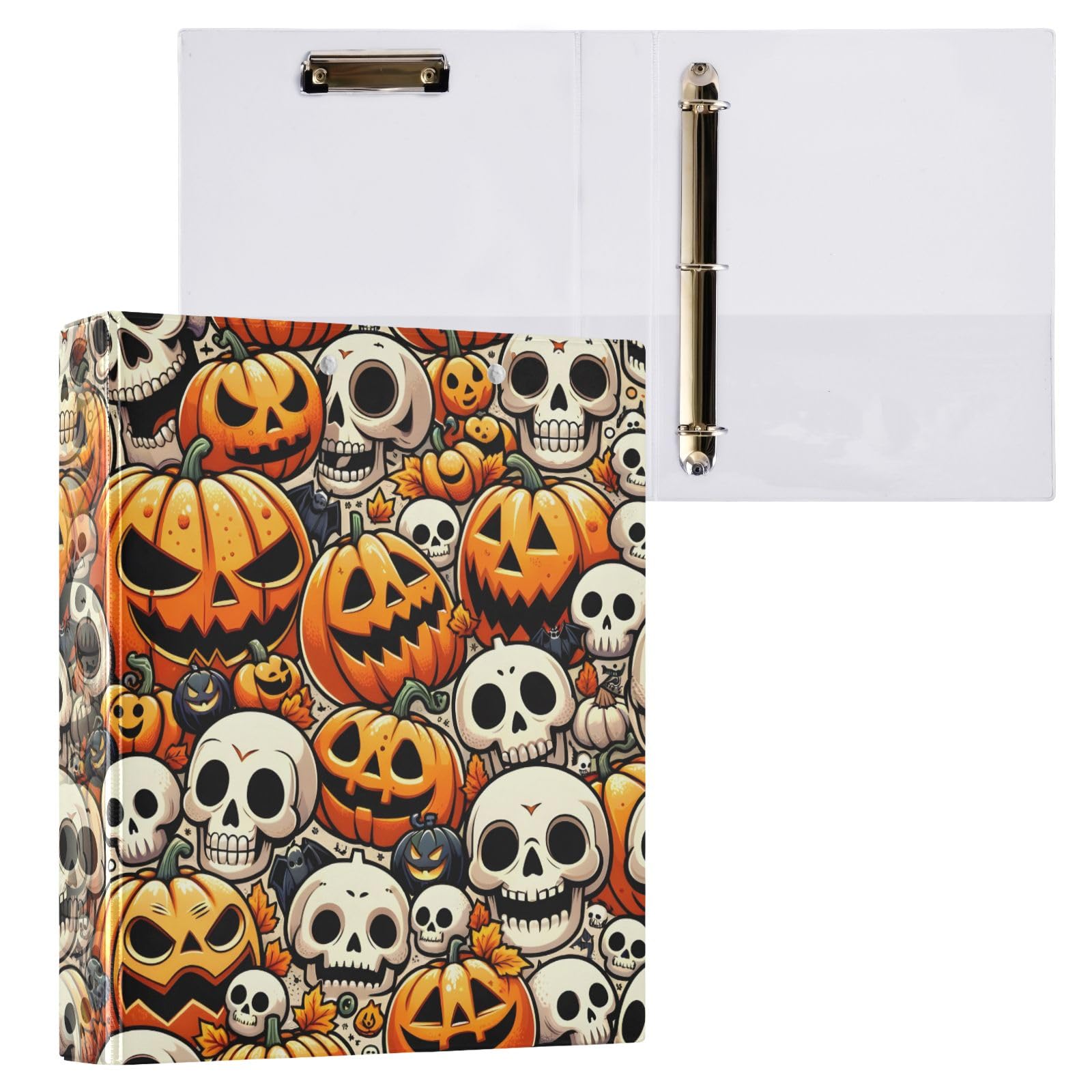 Raccoglitore a 3 anelli, motivo zucche di Halloween, senza cuciture, con teschi rotondi da 3,8 cm, contiene 200 fogli, raccoglitore a 3 anelli con clip in metallo antiscivolo