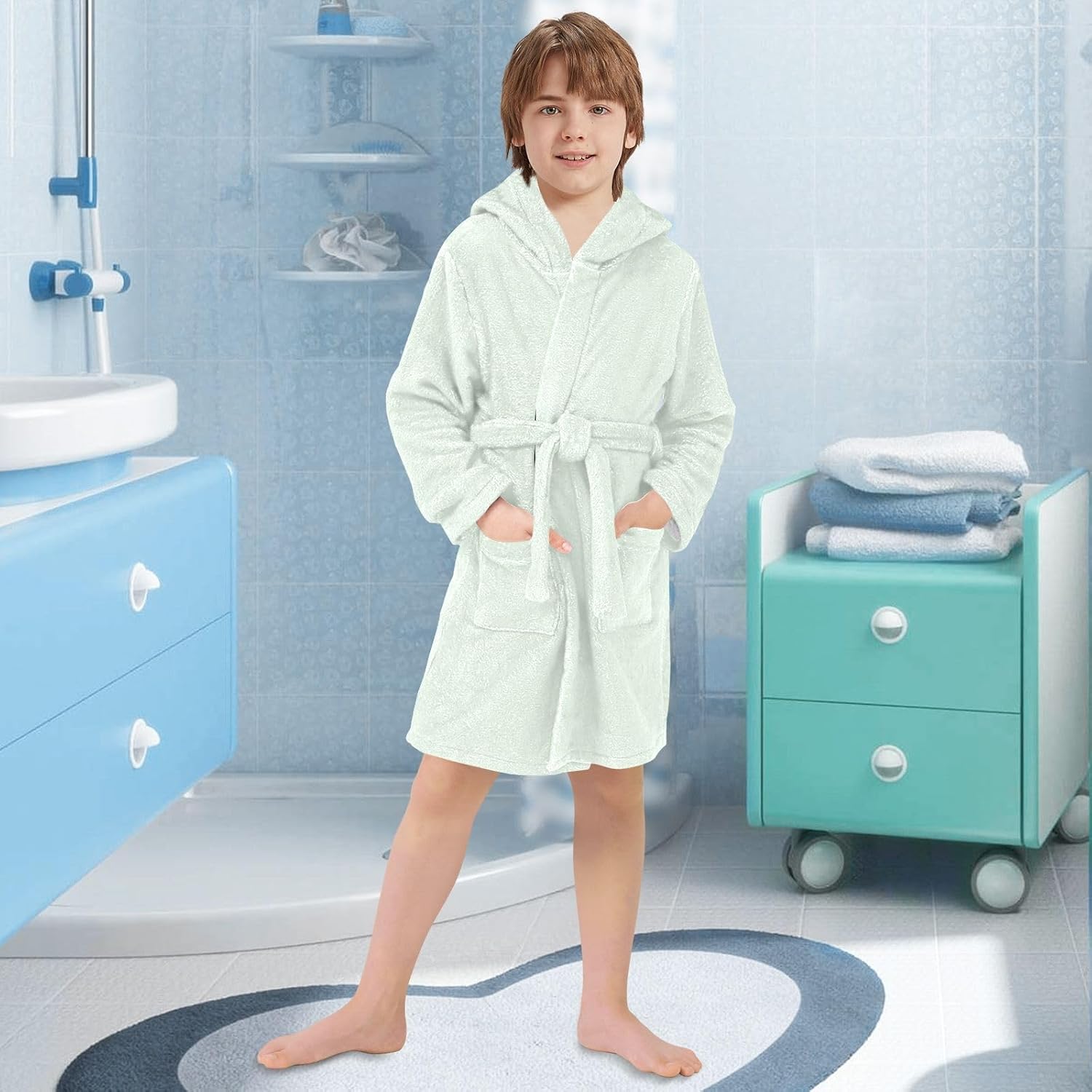 ODAWA Honeydew Kids Bathrobe, Soft Plush Hooded Robe for Boys Girls, Quick Dry Bath Swimming Beach Towel Wrap