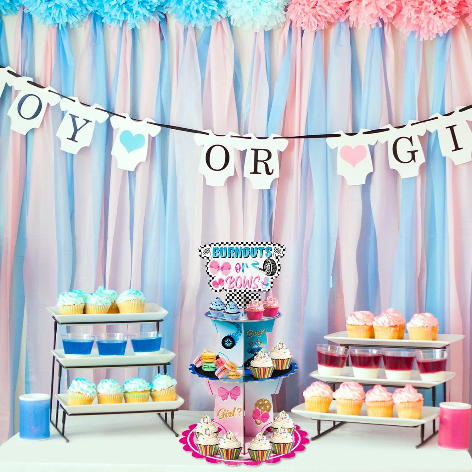 Haooryx Burnout or Bow Gender Reveal Cupcake Stand - 3-Tier Pink Blue Racing Bow Cupcake Tower Cardboard Dessert Holder for Boy or Girl Baby Shower He or She Gender Reveal Party Table Decoration