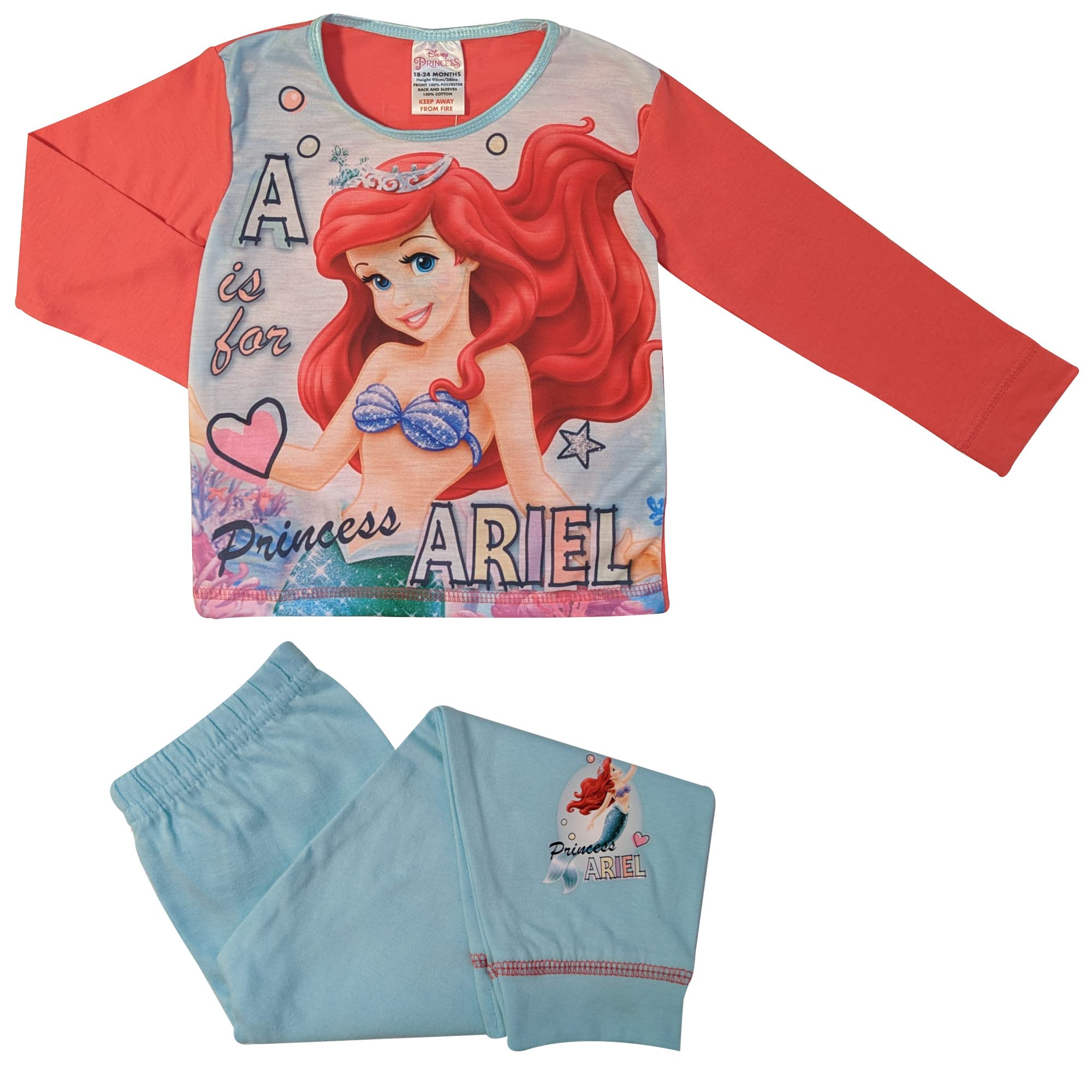 Tdp Girls Blue Children's Kids Disney Little Mermaid Ariel Pyjamas Pjs Sleepwear (18-24 Months)