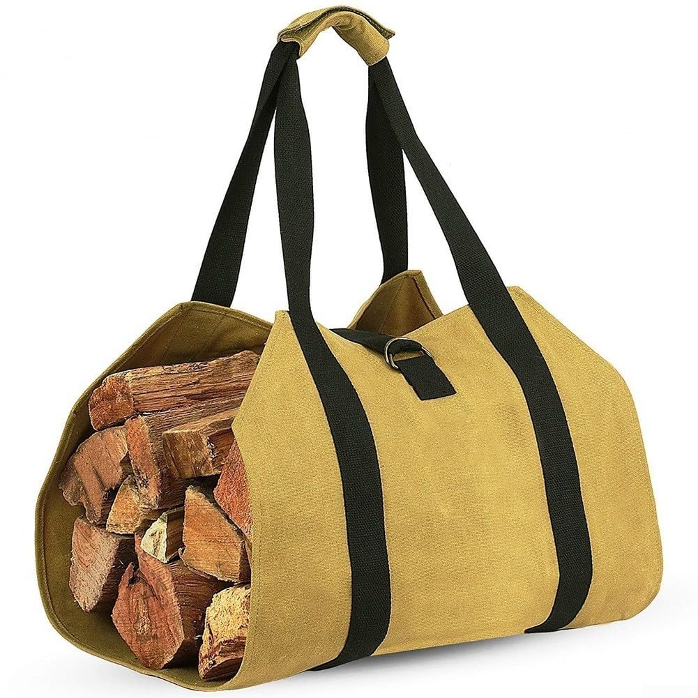 Borsa portatile per legna da ardere, in tela resistente, con manici, grande capacità, impermeabile, per esterni, per legna da ardere, campeggio, giardinaggio, picnic (giallo scuro)