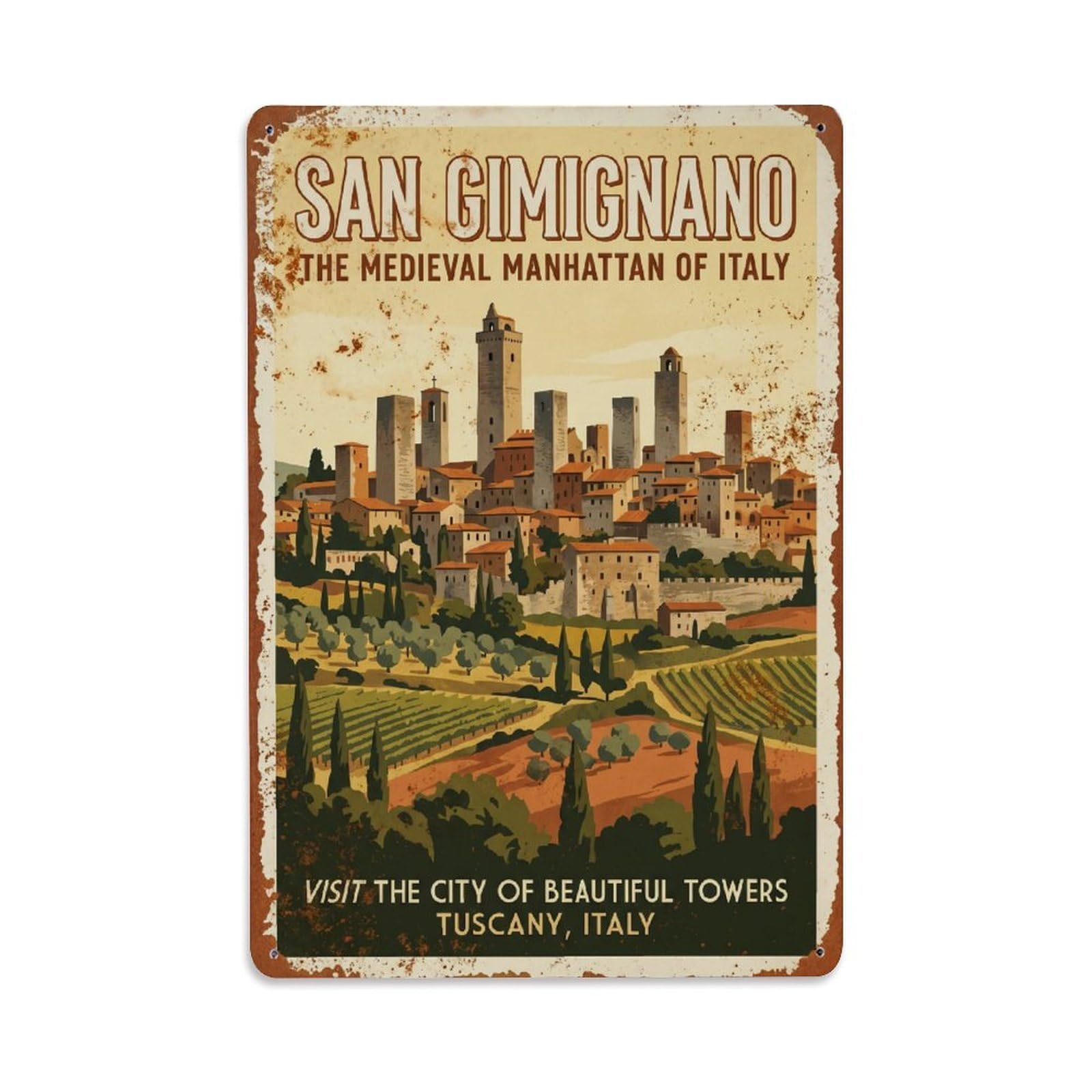 Vintage Travel San Gimignano Italy Metal Tin Sign