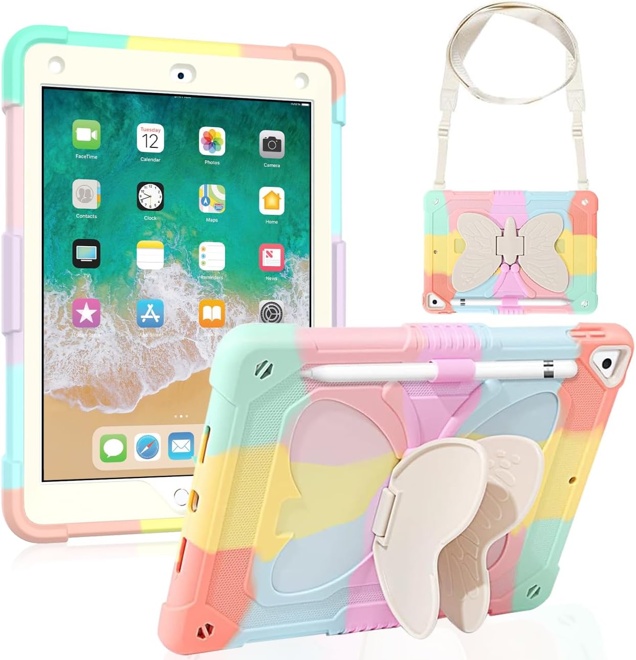 DreamerX Kids Case for iPad 9.7" 2018 2017/iPad Air 2/Pro 9.7 - Shockproof Rugged Butterfly iPad Case 6th Generation/5th Gen with Stand Shoulder Strap Pencil Holder for iPad Air 2/iPad Pro 9.7 Cover