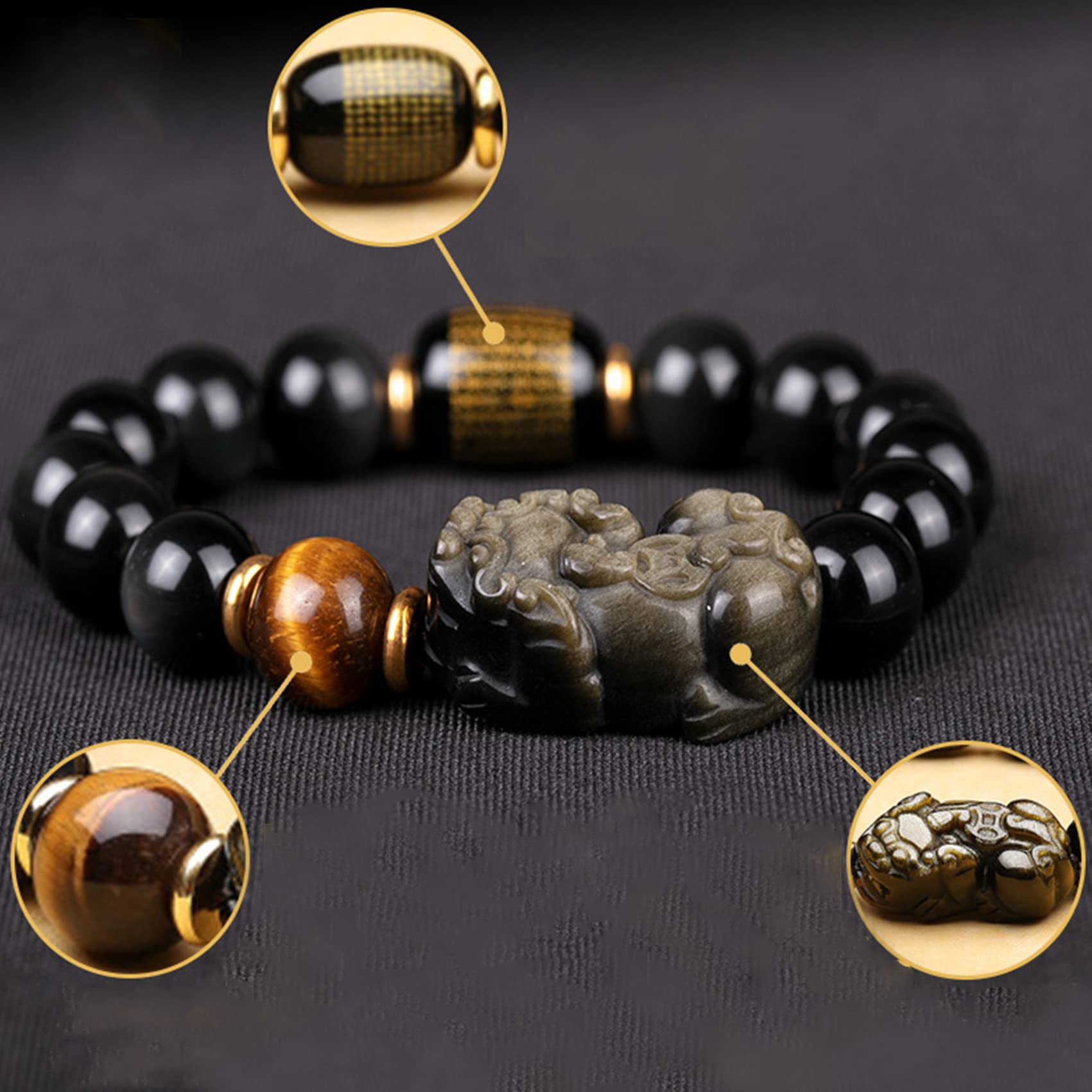 YDYDTTKD Schwarzes Obsidian-Armband, Pi Yao-Reichtumsarmband, Tigerauge-Stein, Reiki-Kristall, spirituelles Chakra-Amulett, verstellbares Armband zur Abwehr des Bösen, Stil B, 16 mm
