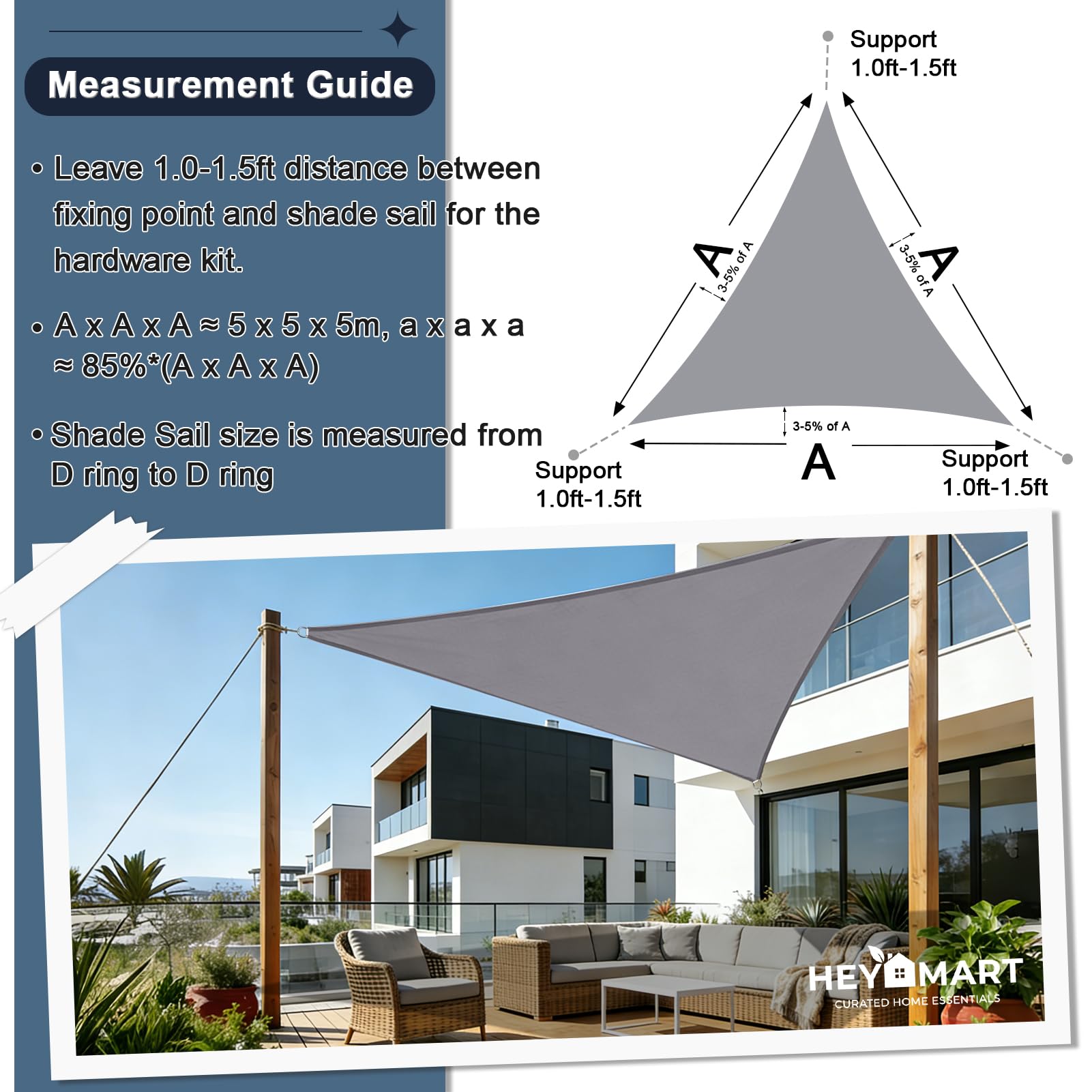 HEYOMART Sonnensegel Dreieck 5 x 5 x 5m Wasserdicht Sonnenschutz inkl Befestigungsseile PES Polyester mit UV Schutz für Garten Terrasse Camping, Hellgrau