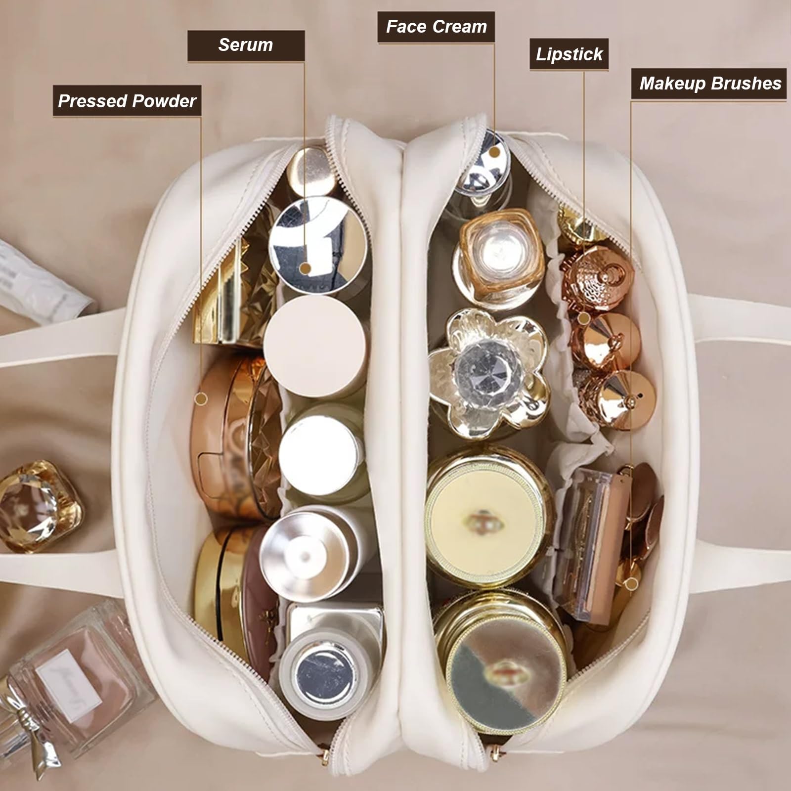 Borsa Porta Trucchi Portatile, Borsa da Toilette Trapuntata, in Similpelle PU Impermeabile, con Doppio Scomparto, Cuciture Precise e Robuste Maniglie per Il Trasporto