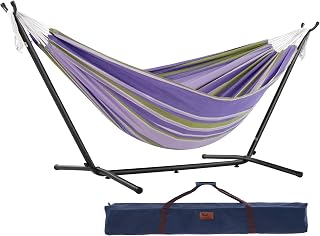Vivere Double Cotton Hammock with Space Saving Steel Stand, Upgraded Polyester End Strings 450 lb Capacity - Premium Carry Bag Included - (Tranquility)