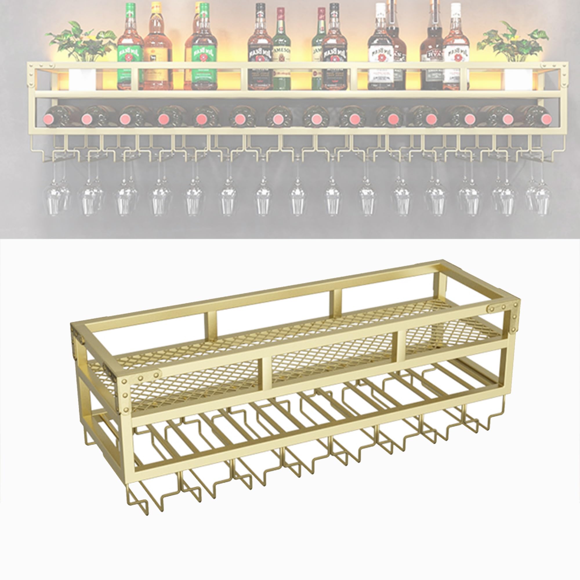 Portabottiglie di Vino da Parete Cantinetta Vino Portavino Cantina Vini Mobile Bar con Porta Calici Mensole Cucina Vetrinetta da Parete Spazioso e Ripiani Aperti per Cucina e Decorazione Della Casa (