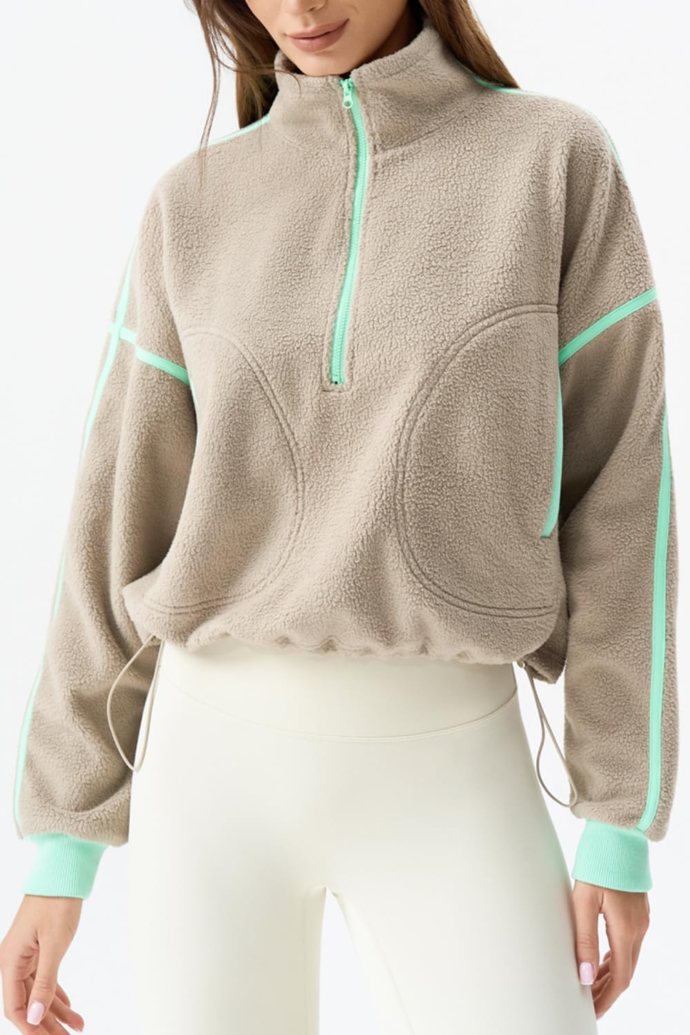 QINSEN Women's Half Zip Fleece Short Pullover Sweatshirt Winter Long Sleeve Cozy Sherpa Sweater Top - Image 3