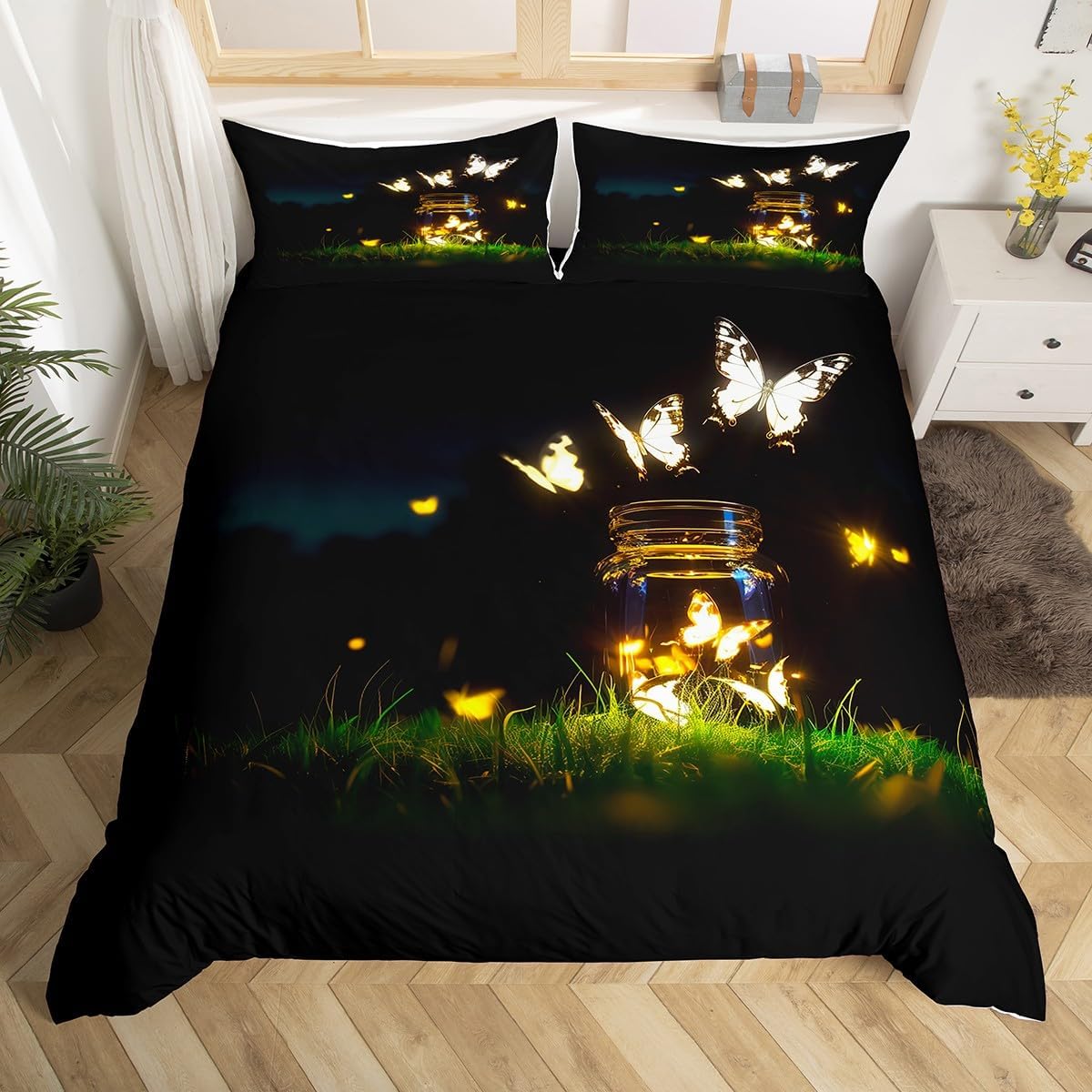 Erosebridal Kid Butterfly Duvet Cover Golden Butterfly Comforter Cover Glitter Bling Bedding Set Black Quilt Cover for Girl Lightweight 3 Pcs King Size