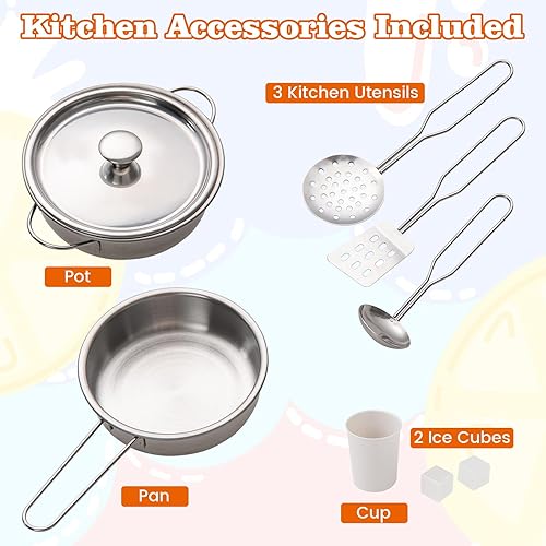 Miniatura 7 de Costzon Juego de cocina para niños, juego de cocina de juguete de madera con máquina de hielo, grifo, fregadero, accesorios, juguete de cocina para