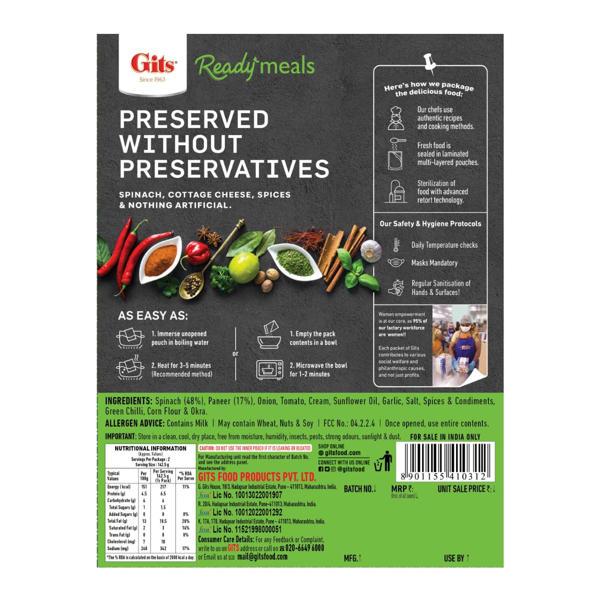 Gits Ready to Eat Palak Paneer, Pure Veg, Heat and Eat Indian Dish, Microwaveable, 285g - Image 2 thumbnail