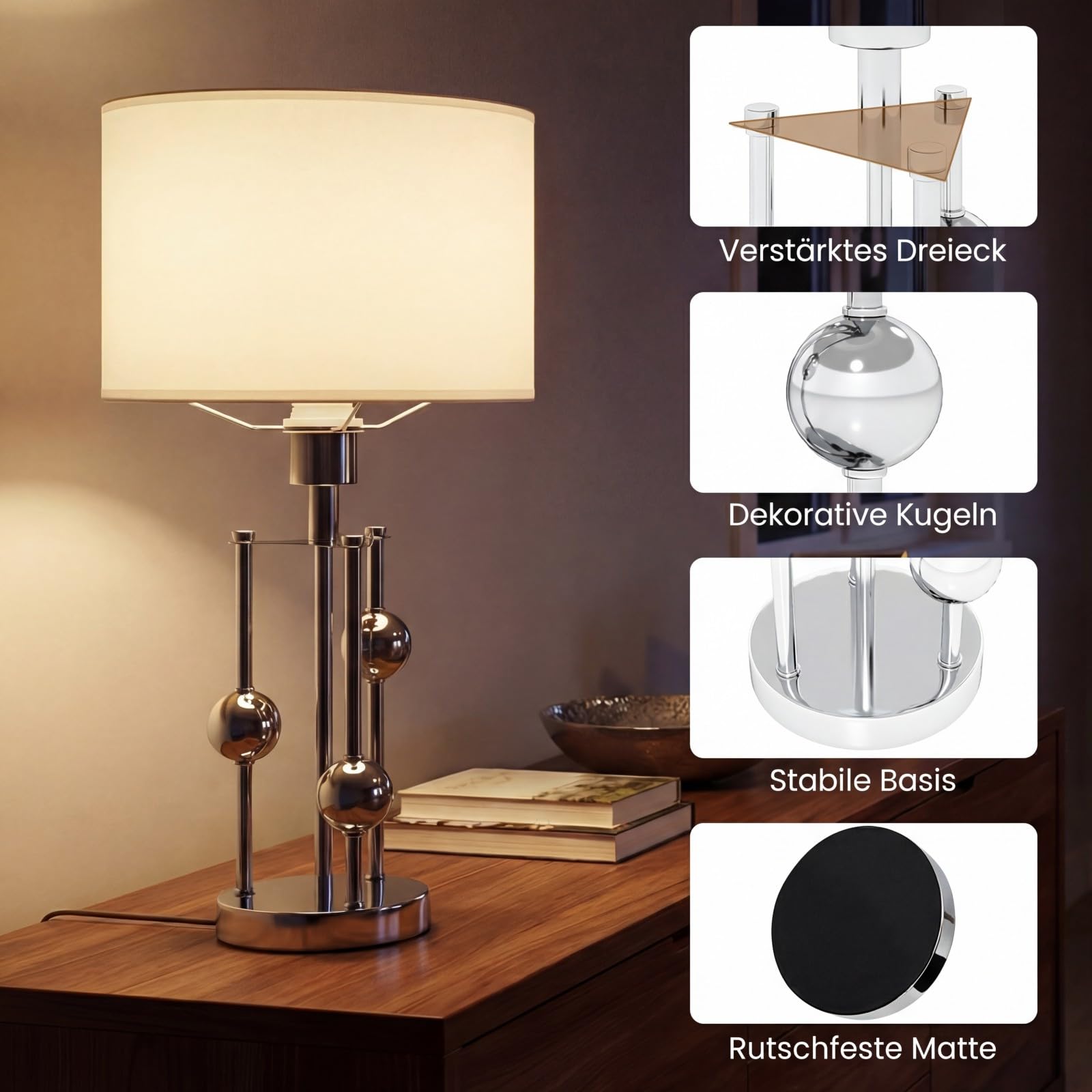 COSTWAY Nachttischlampe mit E27-Fassung, Leinenstoff-Lampenschirm und 3 Dekorativen Kugeln, Moderne Tischlampe, Schreibtischlampe für Schlafzimmer und Arbeitszimmer 30 x 60 cm
