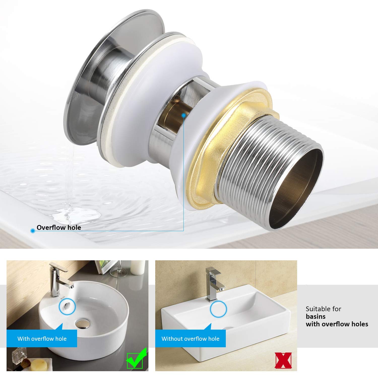 BONADE Pop-Up Waschtisch Ablaufventil mit Überlauf, Chrom Universal Ablaufgarnitur waschbecken, Hochwertige Pop up für Waschbecken Waschtisch Bad Ablaufventil Abflussstopfen