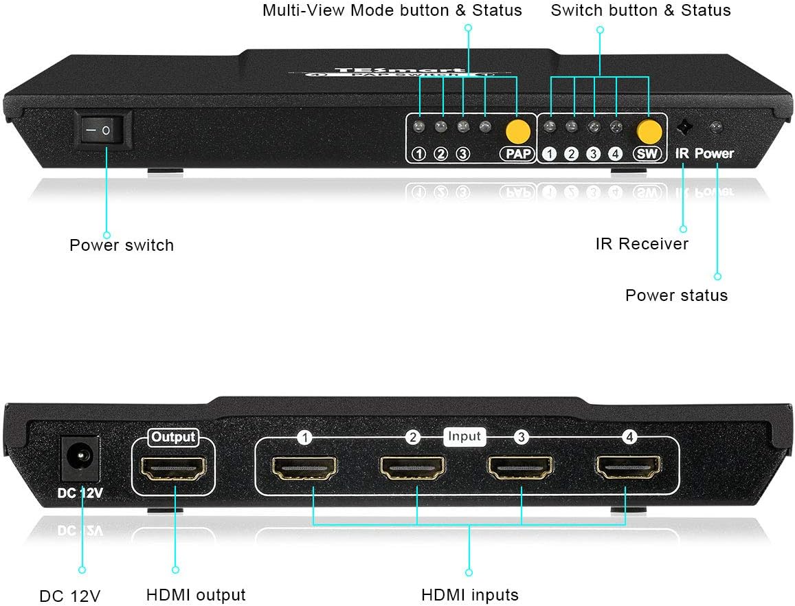 🛒 Crаzу Dеаlѕ TESmart HDMI Switch 4X1 Quad Screen Multi-Viewer Splitter Seamless Switcher with 5 Display Modes IR Remote, Support 1080P@60Hz 4 in 1 Out(Black)
