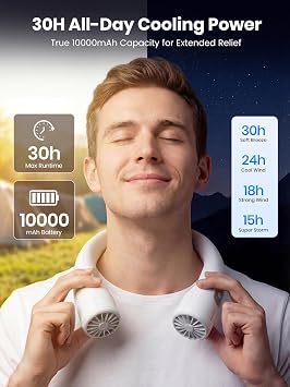 Warmco 10000mAh Taşınabilir Boyun Fanı - 360 ° Soğutmalı 4 Hızlı Şarj Edilebilir Kişisel Fan, Ofis/Spor Salonu/Seyahat için 24H Çalışma Süresi, Kadın Erkek Anne Baba için Hediyeler