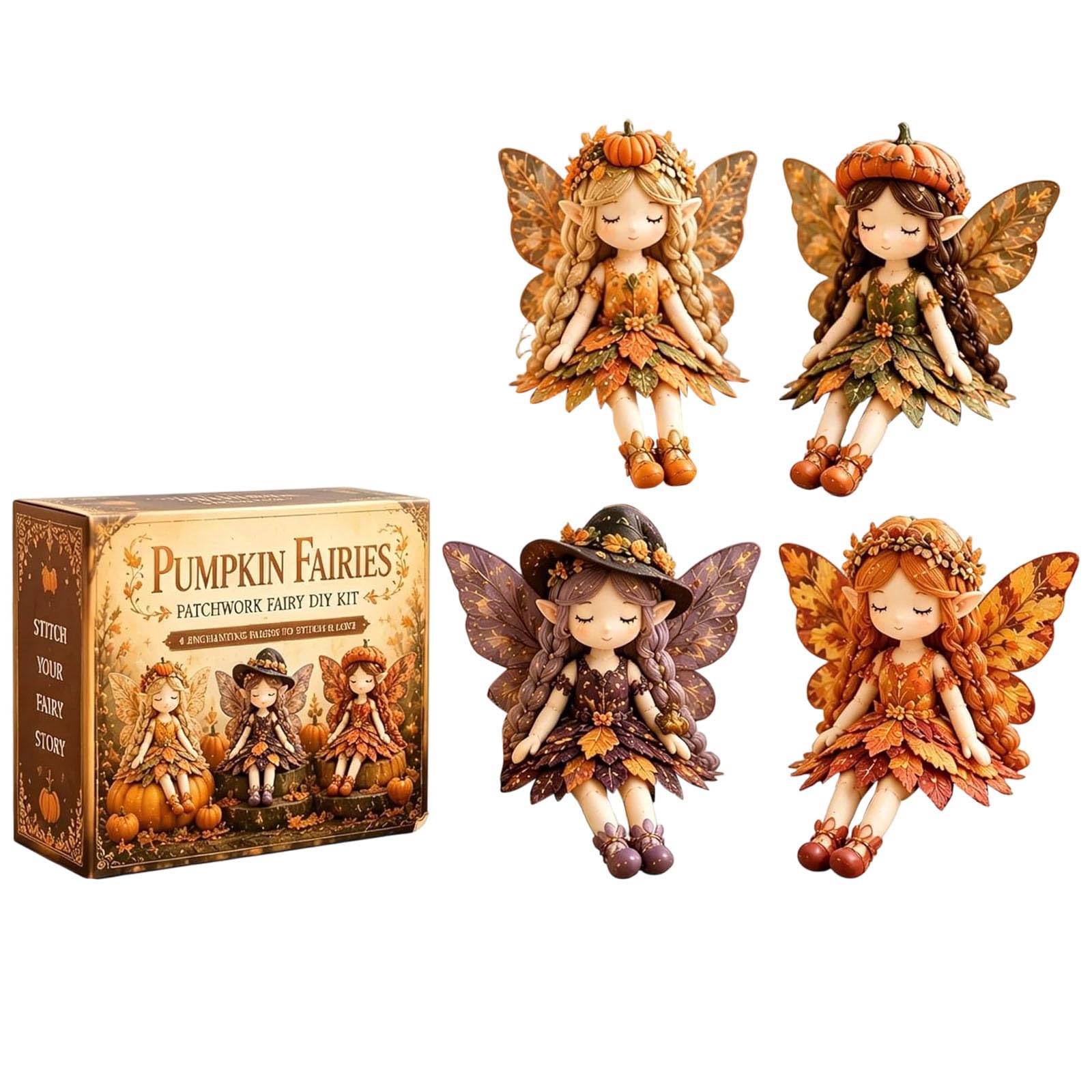Patchwork Fairy Doll DIY Sewing Kit with Pre-Cut Materials,Make 4 Fairy Dolls, Beginner Friendly, All Materials Included, No Glue Required, Adults & Beginners (Set 2)