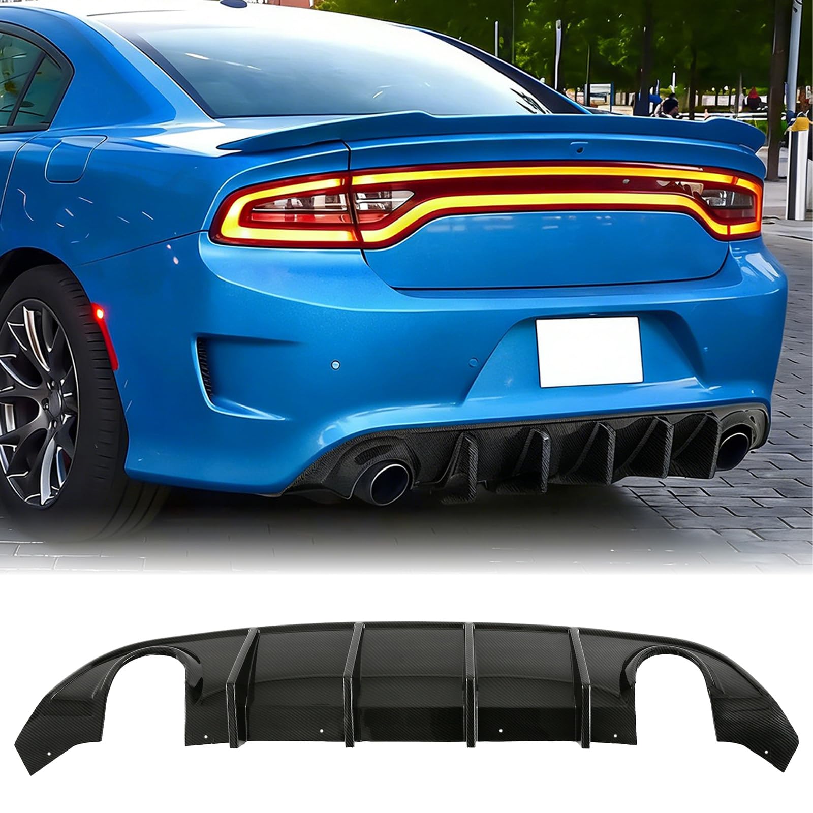 Rear Diffuser Compatible with 2015-2023 Charger Scat SRT Daytona GT R/T Non-Widebody Models, PP Rear Bumper Diffuser Rear Bumper Lip Diffuser with 4 Shark Fins, Carbon Fiber Style