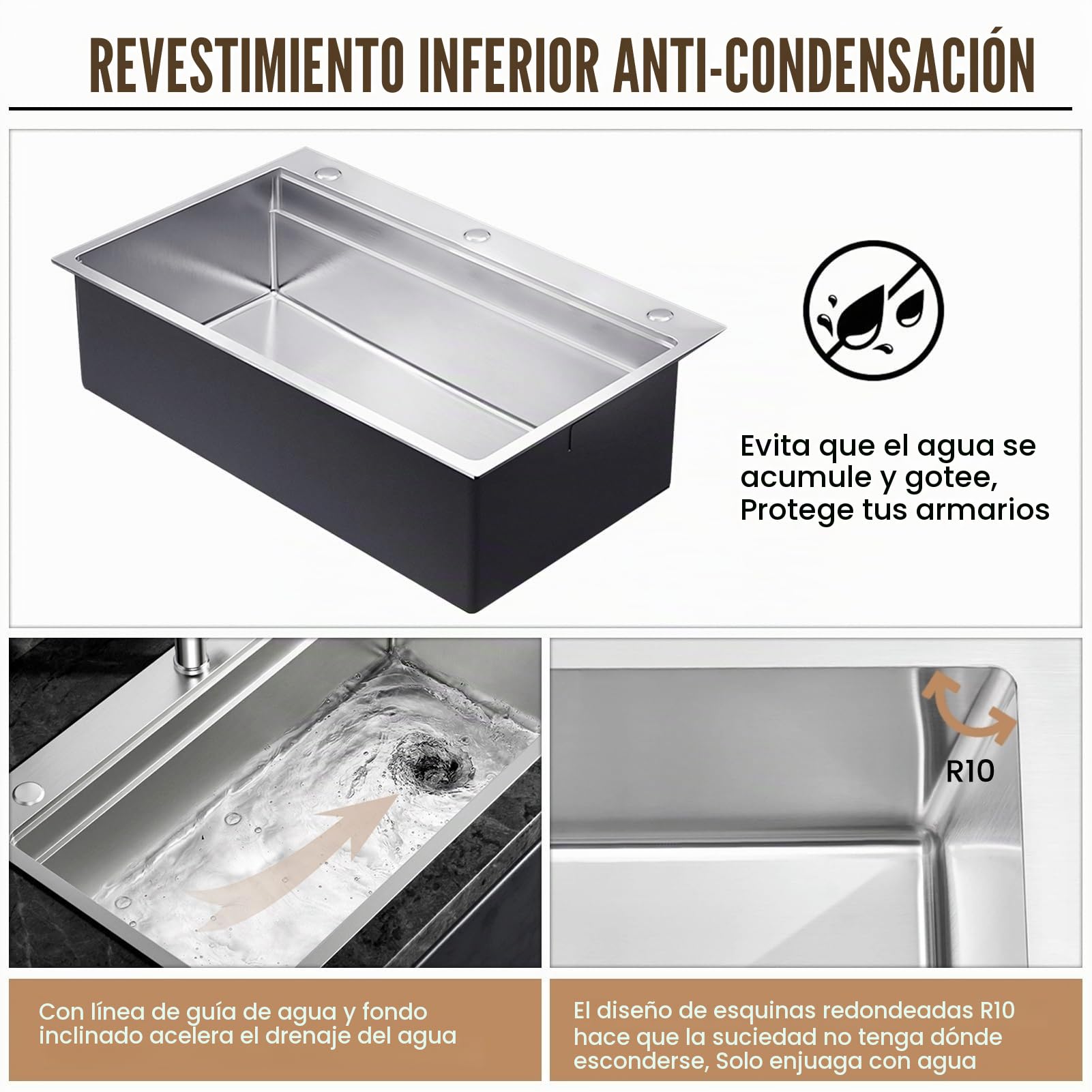 Fregadero de Cocina 60x50cm de Acero Inoxidable 304, Con 3 Agujeros de Montaje (35mm), Tubo de Desagüe Sifón, Cesta de Drenaje, Tabla de Cortar, Pequeña Cuenca, Filtro, Lavabo Bajo/Sobre Encimera