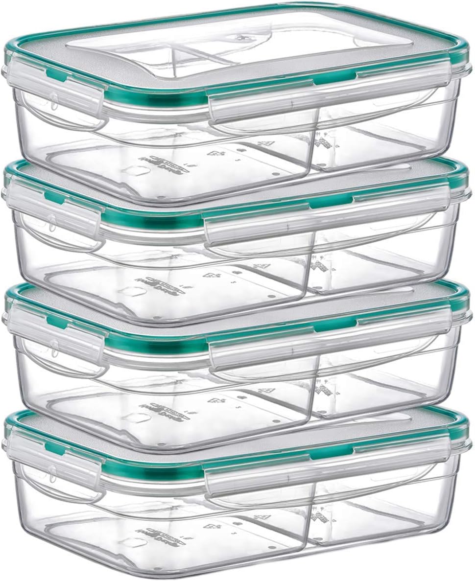 Fresh Box Rectangle Set, Multi Piece Food Storage Container with 2 Divided Removable Compartment, Portion Control Set, 4.2-cup, 4 Pack, Clear